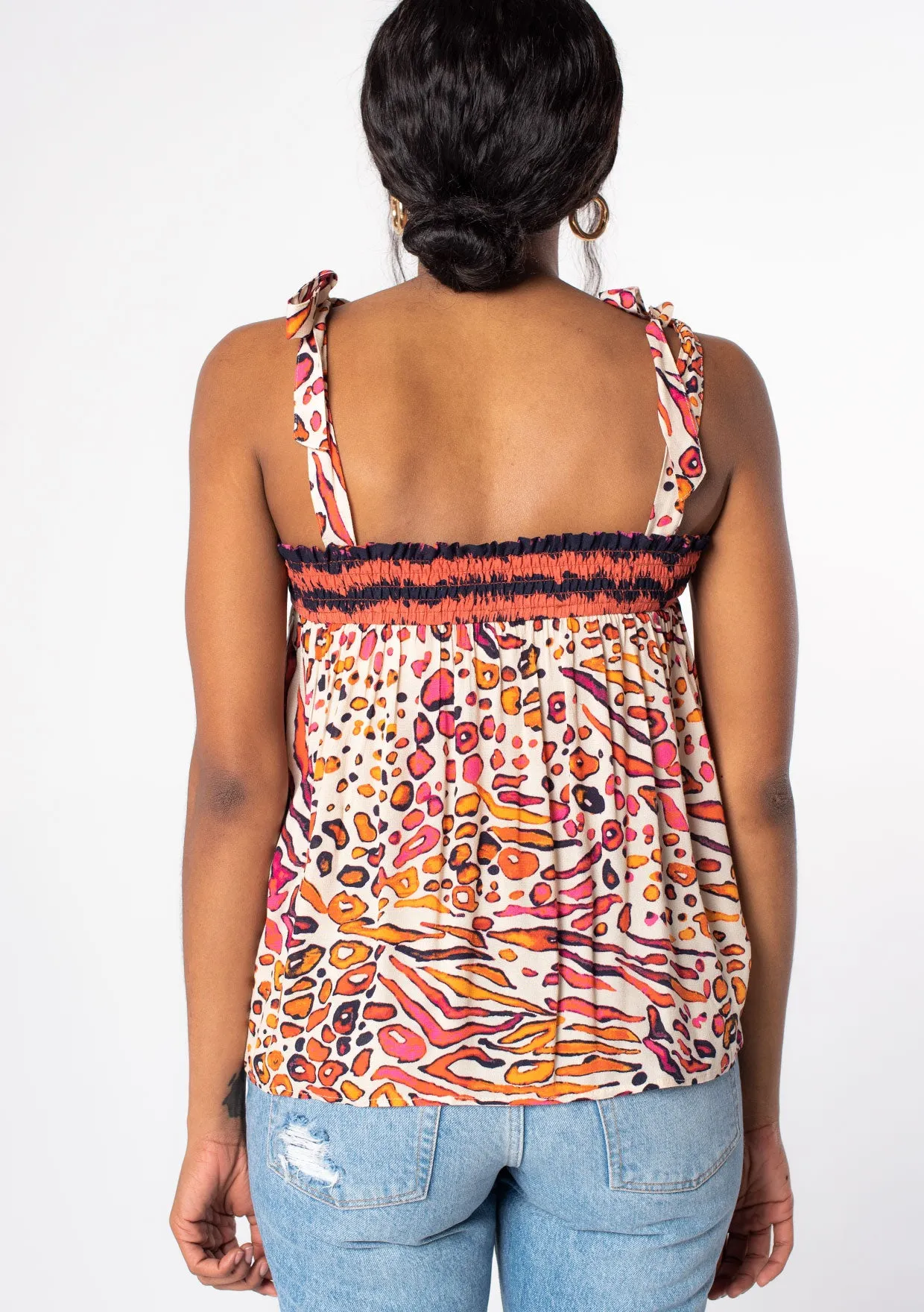 Leopard Print Smocked Tie Shoulder Tank Top