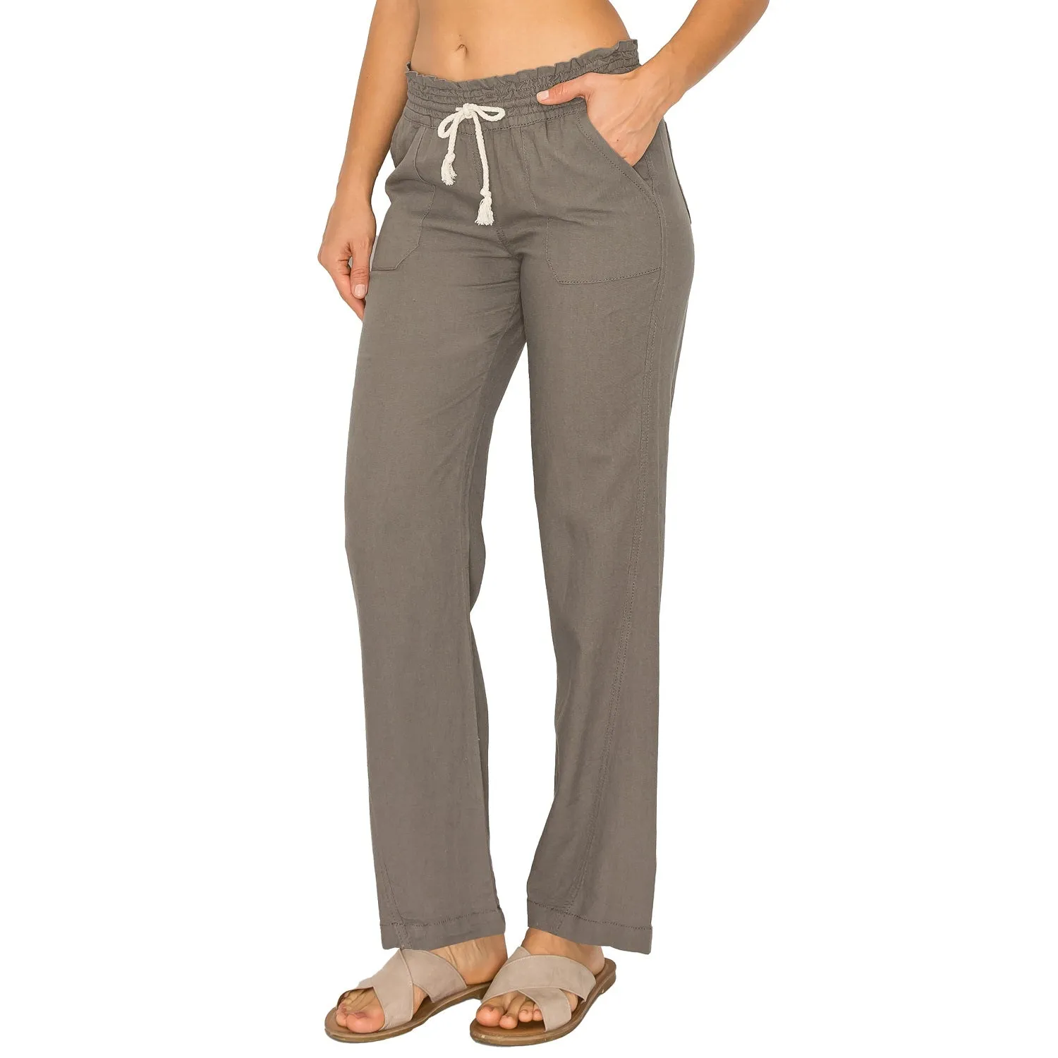 Linen Pants 29" Inseam Drawstring Smocked Waist Beach Pants - Grey
