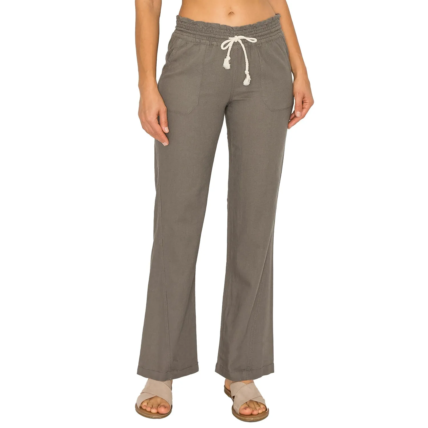 Linen Pants 29" Inseam Drawstring Smocked Waist Beach Pants - Grey