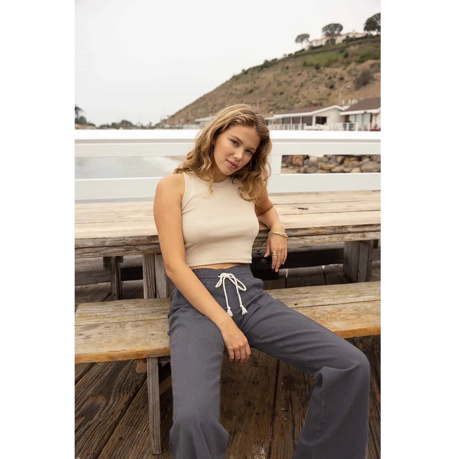 Linen Pants 29" Inseam Drawstring Smocked Waist Beach Pants - Grey