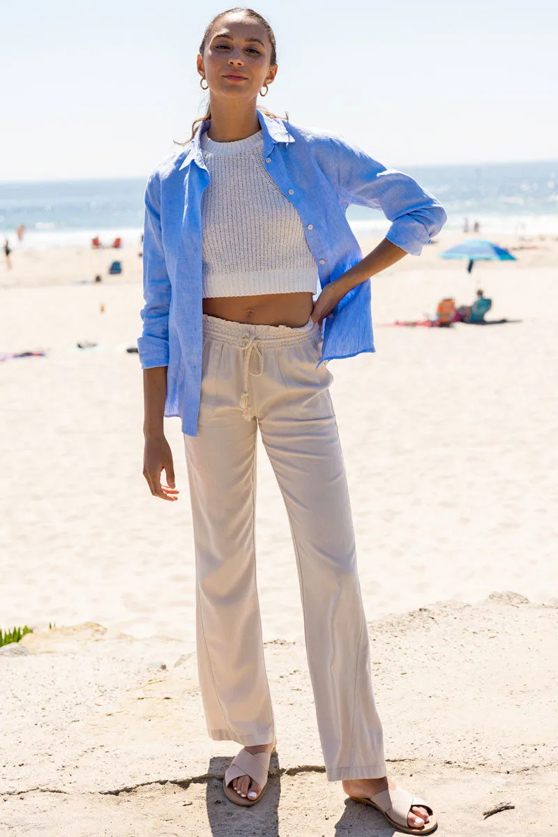 Linen Pants 29" Inseam Drawstring Smocked Waist Beach Pants - Sand