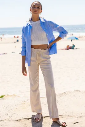 Linen Pants 29" Inseam Drawstring Smocked Waist Beach Pants - Sand