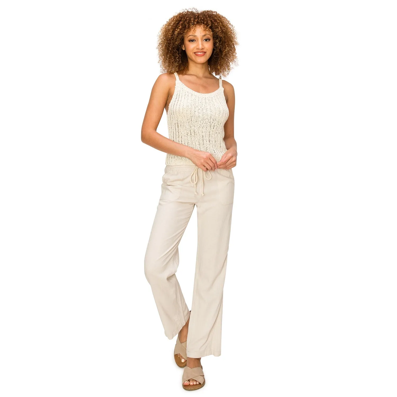 Linen Pants 29" Inseam Drawstring Smocked Waist Beach Pants - Sand