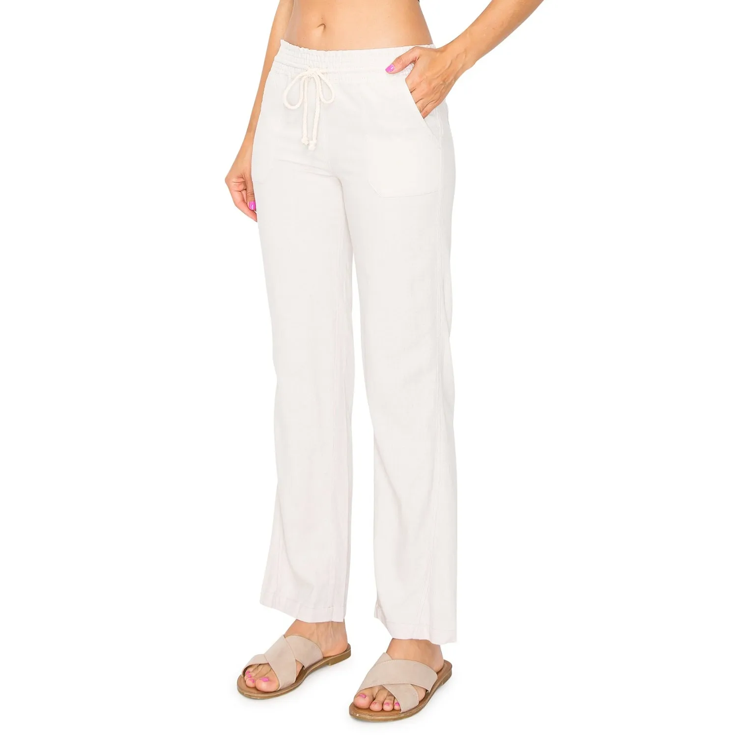 Linen Pants 29" Inseam Drawstring Smocked Waist Beach Pants - Sand