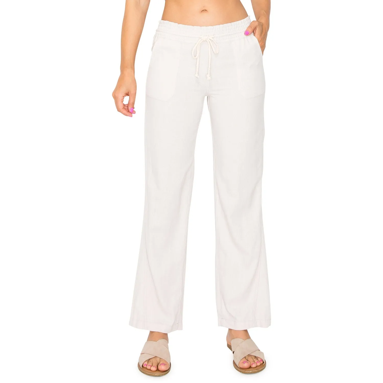 Linen Pants 29" Inseam Drawstring Smocked Waist Beach Pants - Sand