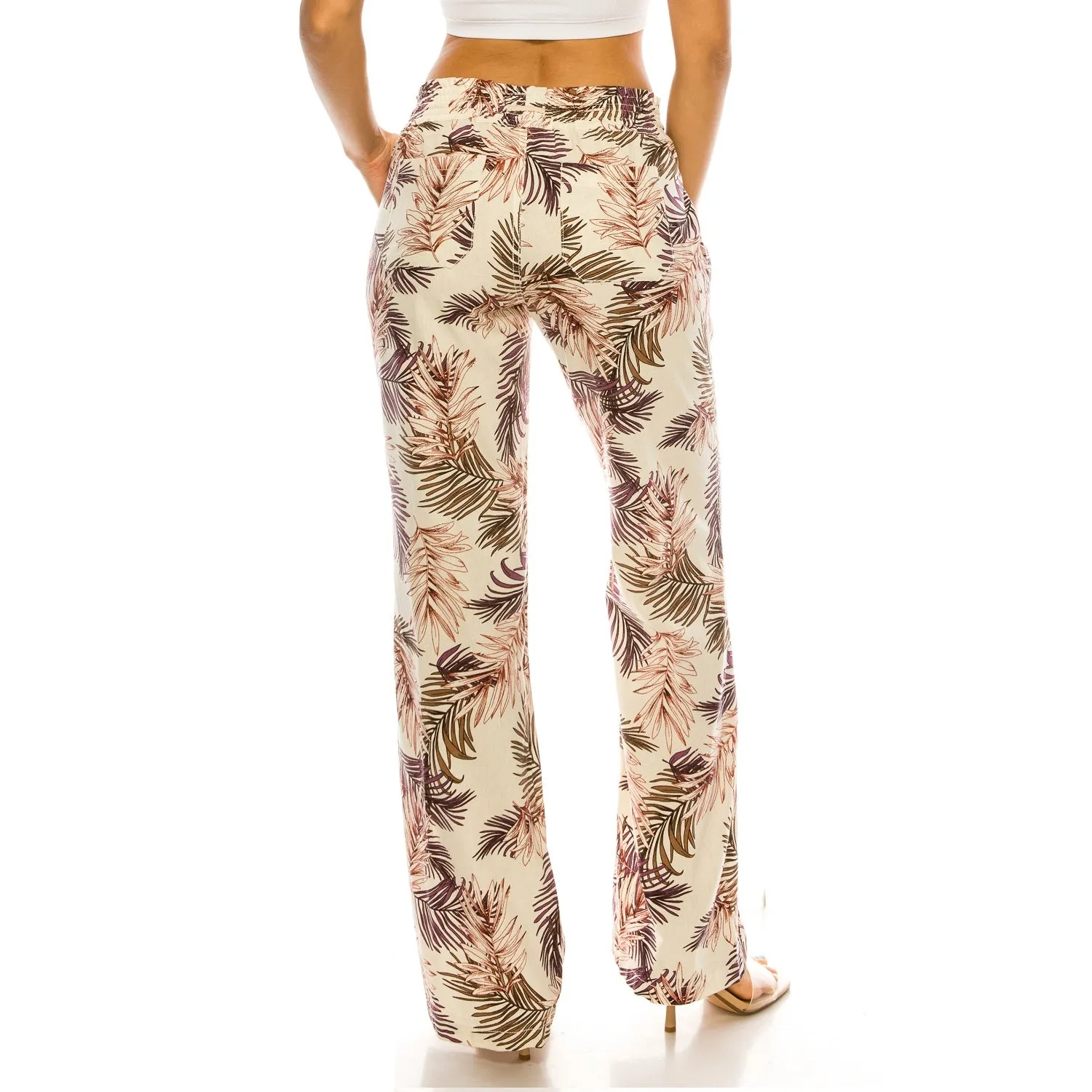 Linen Pants 32" Inseam Drawstring Smocked Waist Printed Beach Pants - Purple Pink