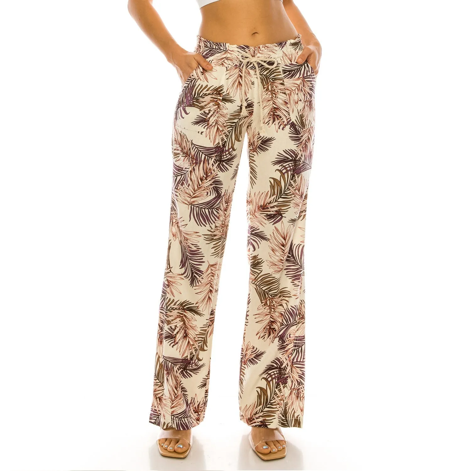 Linen Pants 32" Inseam Drawstring Smocked Waist Printed Beach Pants - Purple Pink