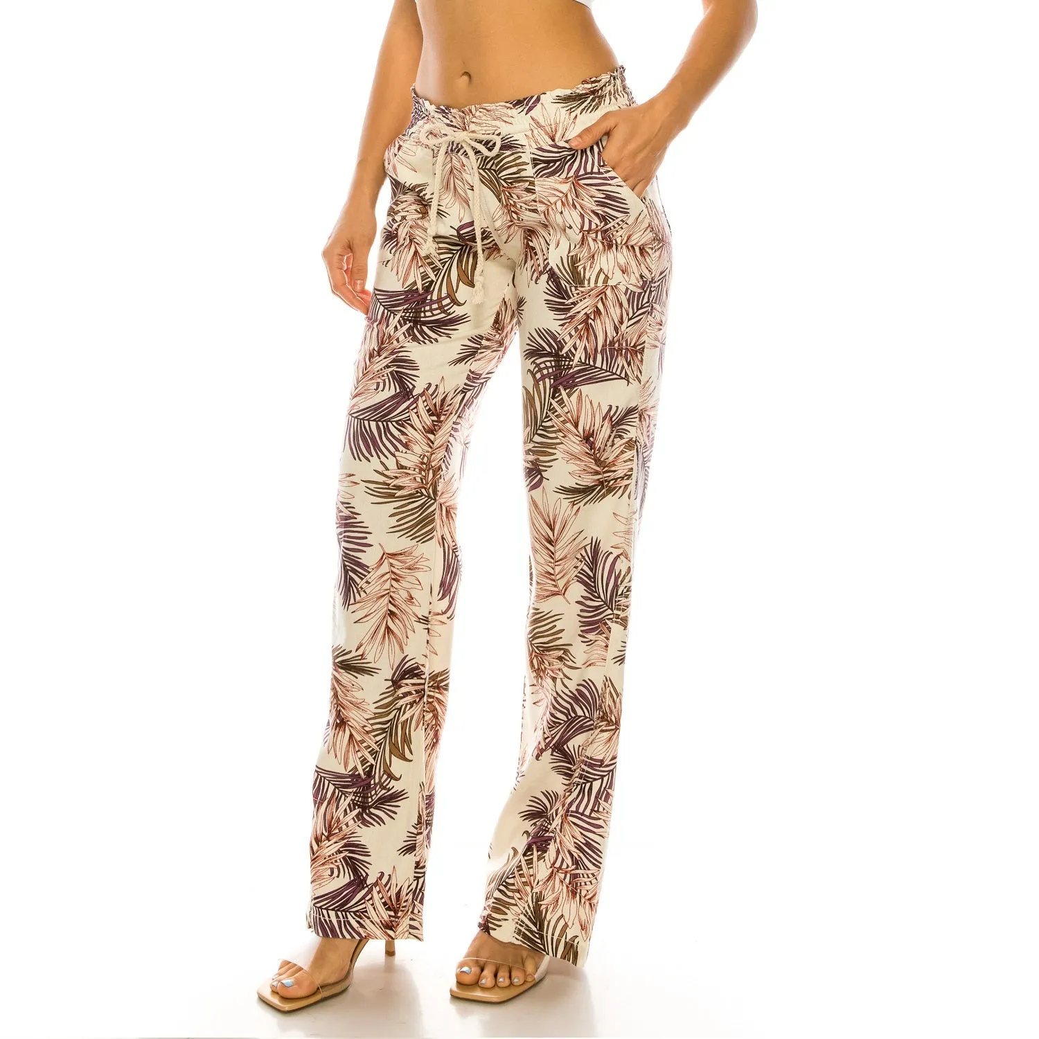 Linen Pants 32" Inseam Drawstring Smocked Waist Printed Beach Pants - Purple Pink