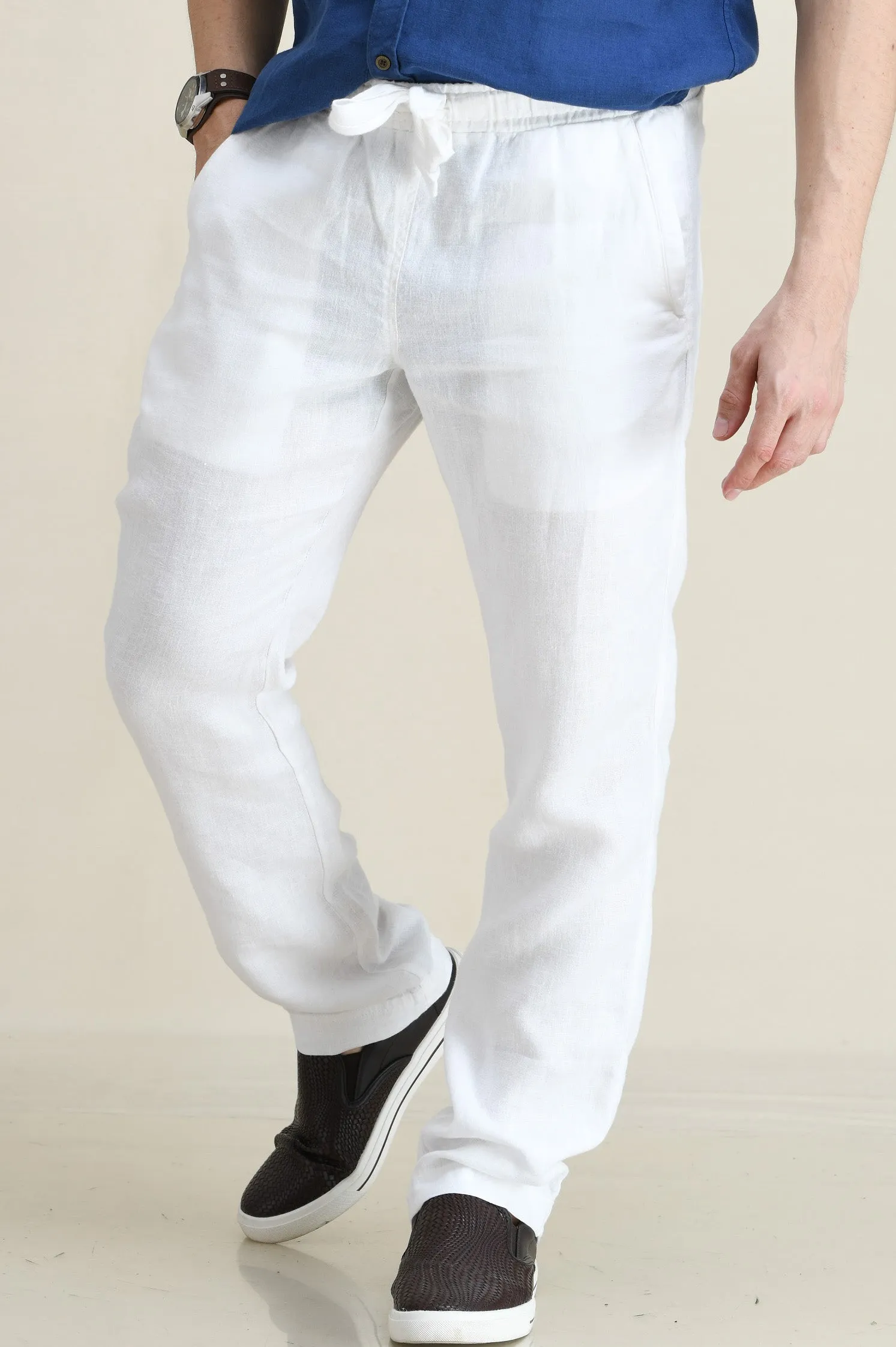 LINEN STRAIGHT LEG PULL-ON PANTS WITH ELASTICIZED DRAW-CORD WAIST