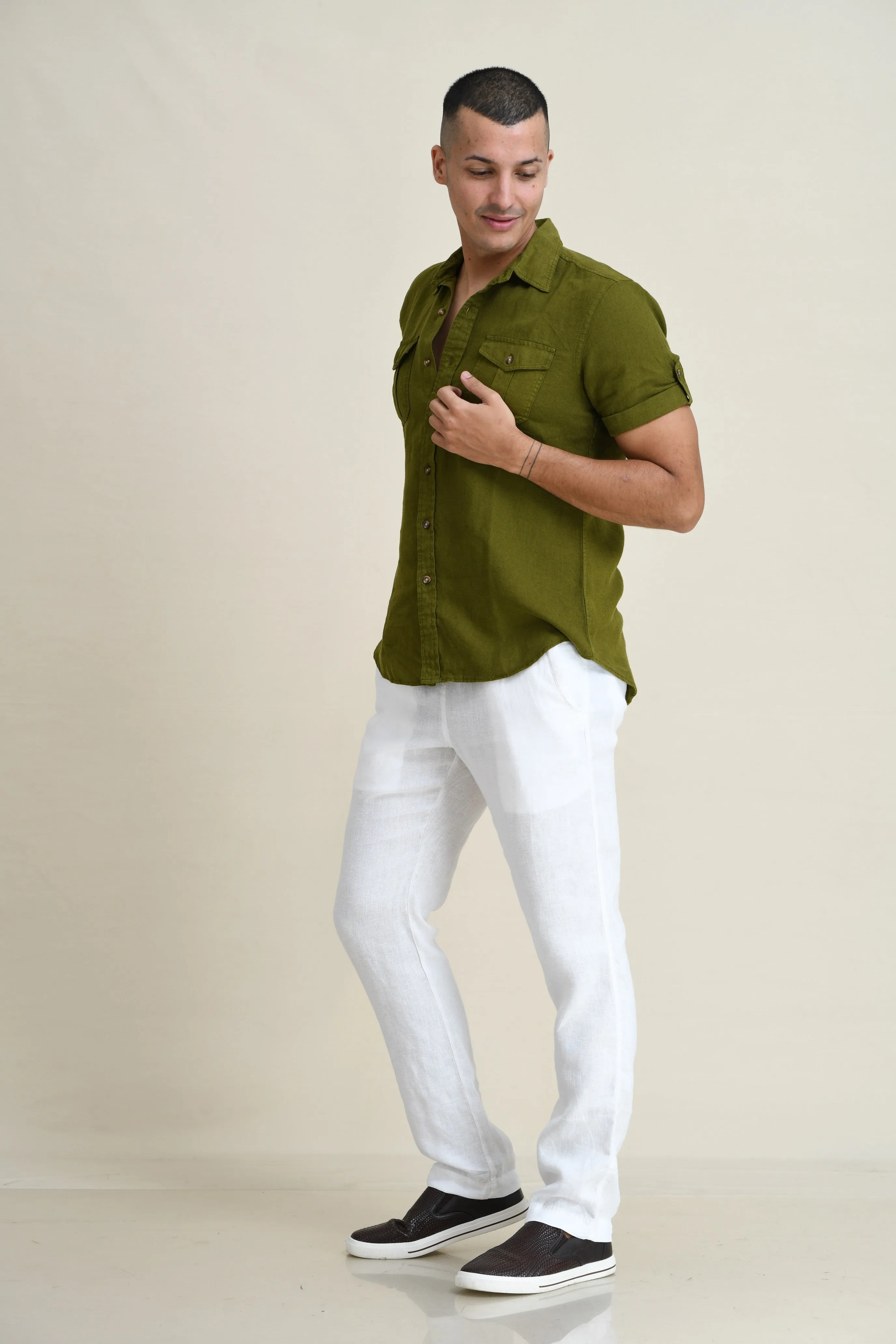 LINEN STRAIGHT LEG PULL-ON PANTS WITH ELASTICIZED DRAW-CORD WAIST