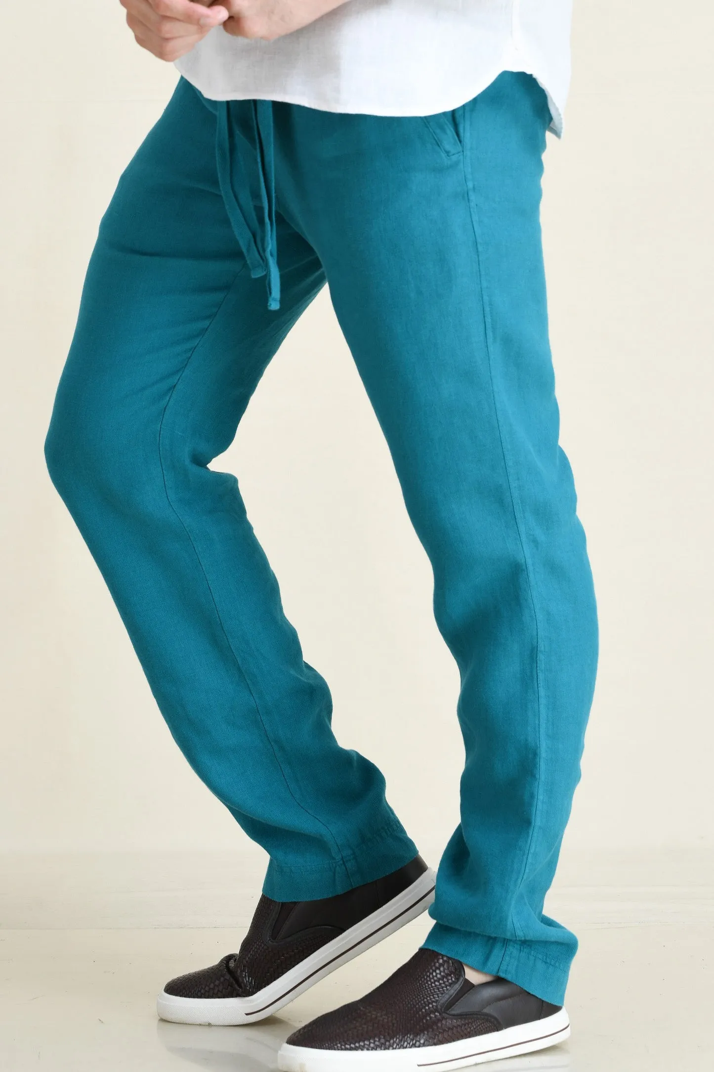 LINEN STRAIGHT LEG PULL-ON PANTS WITH ELASTICIZED DRAW-CORD WAIST
