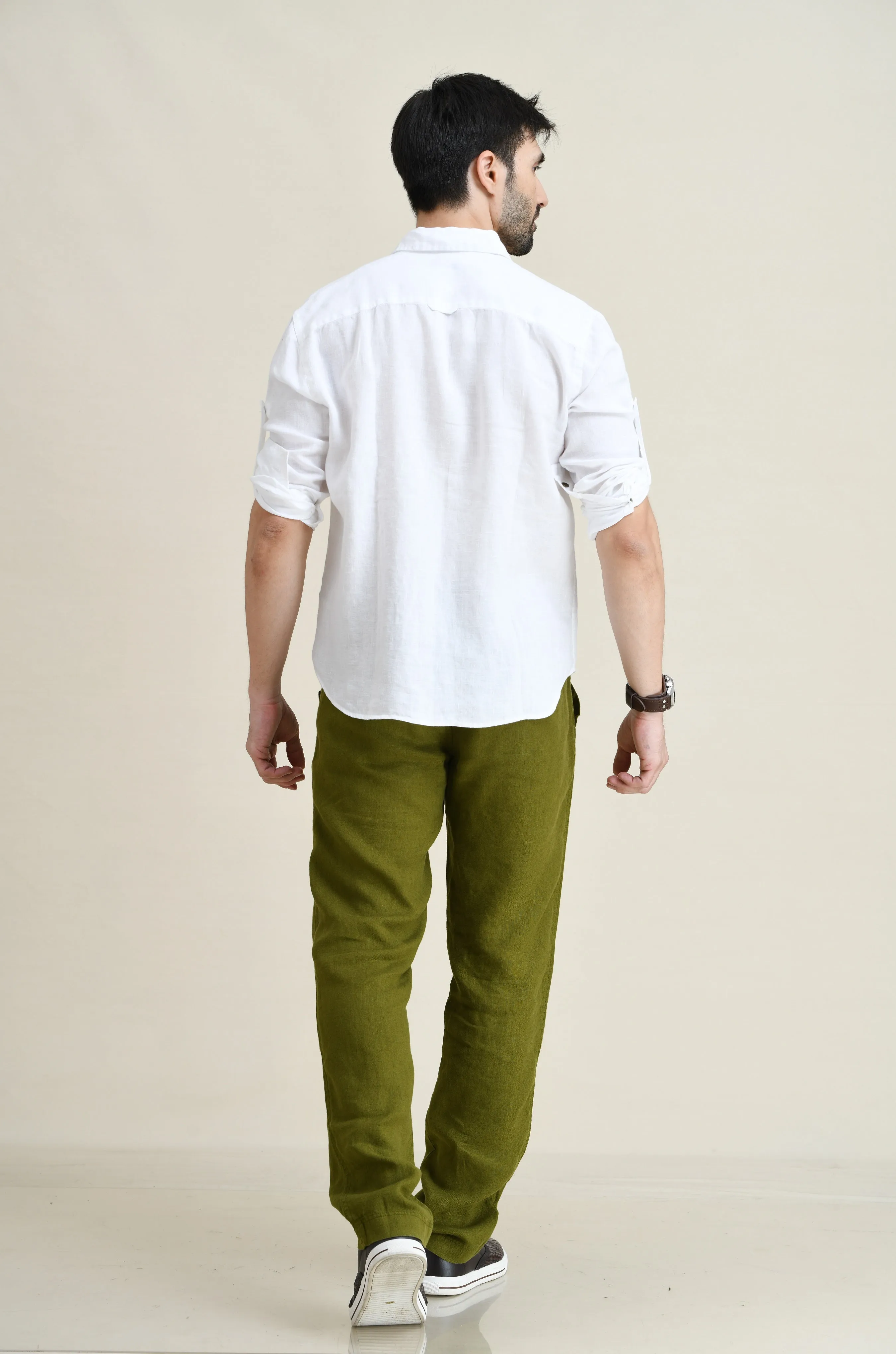 LINEN STRAIGHT LEG PULL-ON PANTS WITH ELASTICIZED DRAW-CORD WAIST