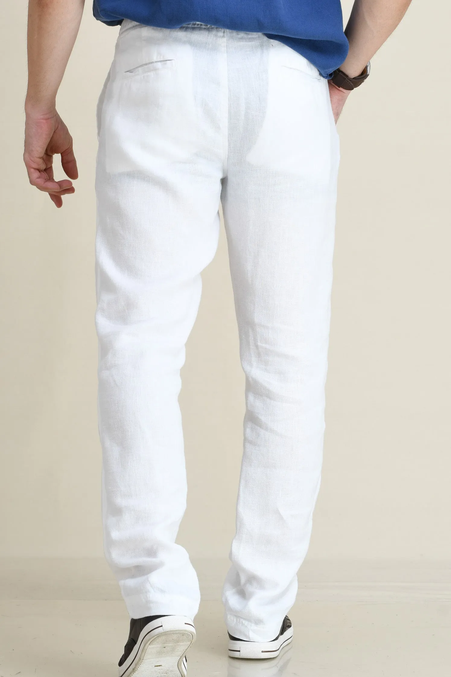 LINEN STRAIGHT LEG PULL-ON PANTS WITH ELASTICIZED DRAW-CORD WAIST