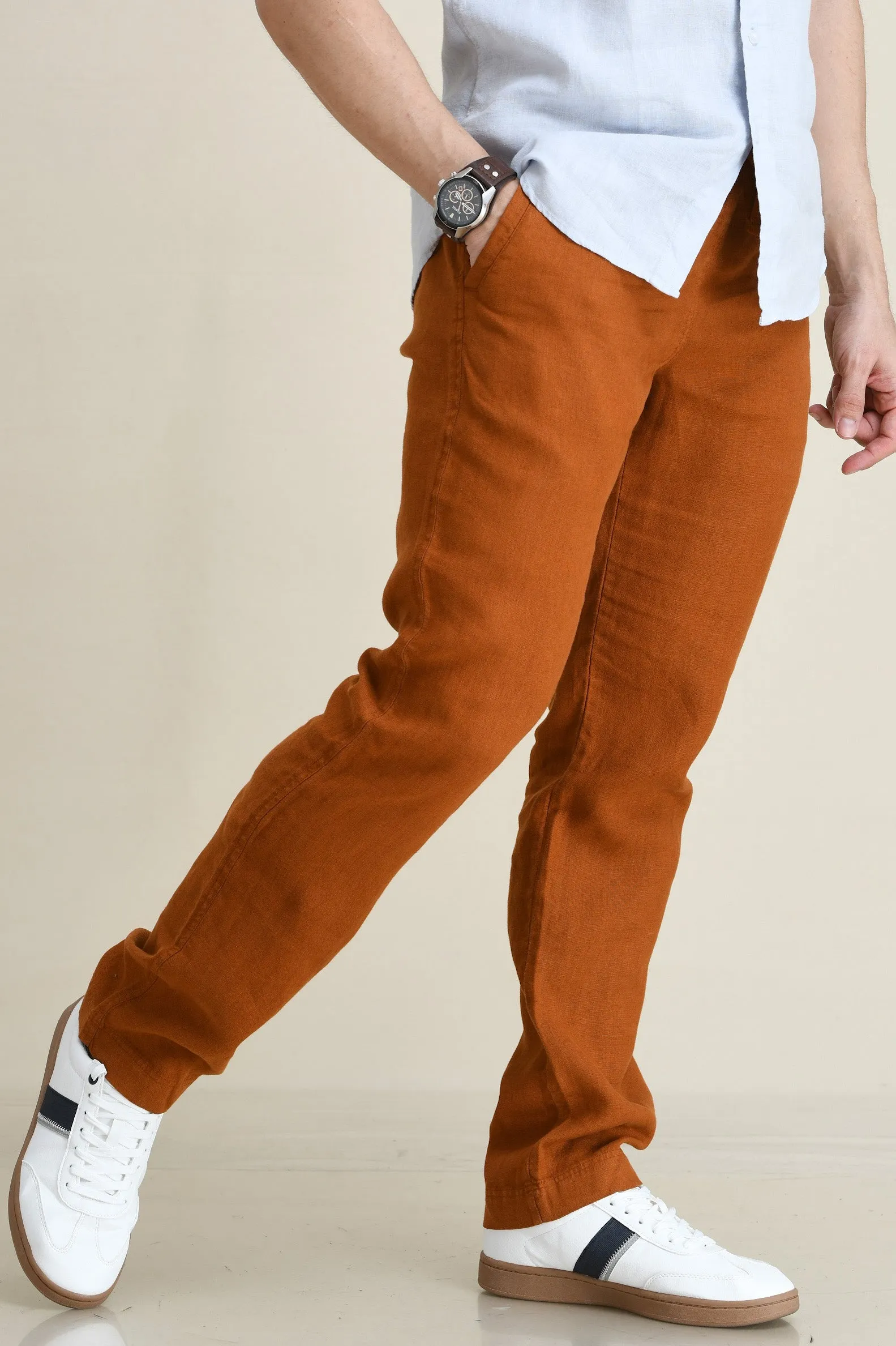 LINEN STRAIGHT LEG PULL-ON PANTS WITH ELASTICIZED DRAW-CORD WAIST