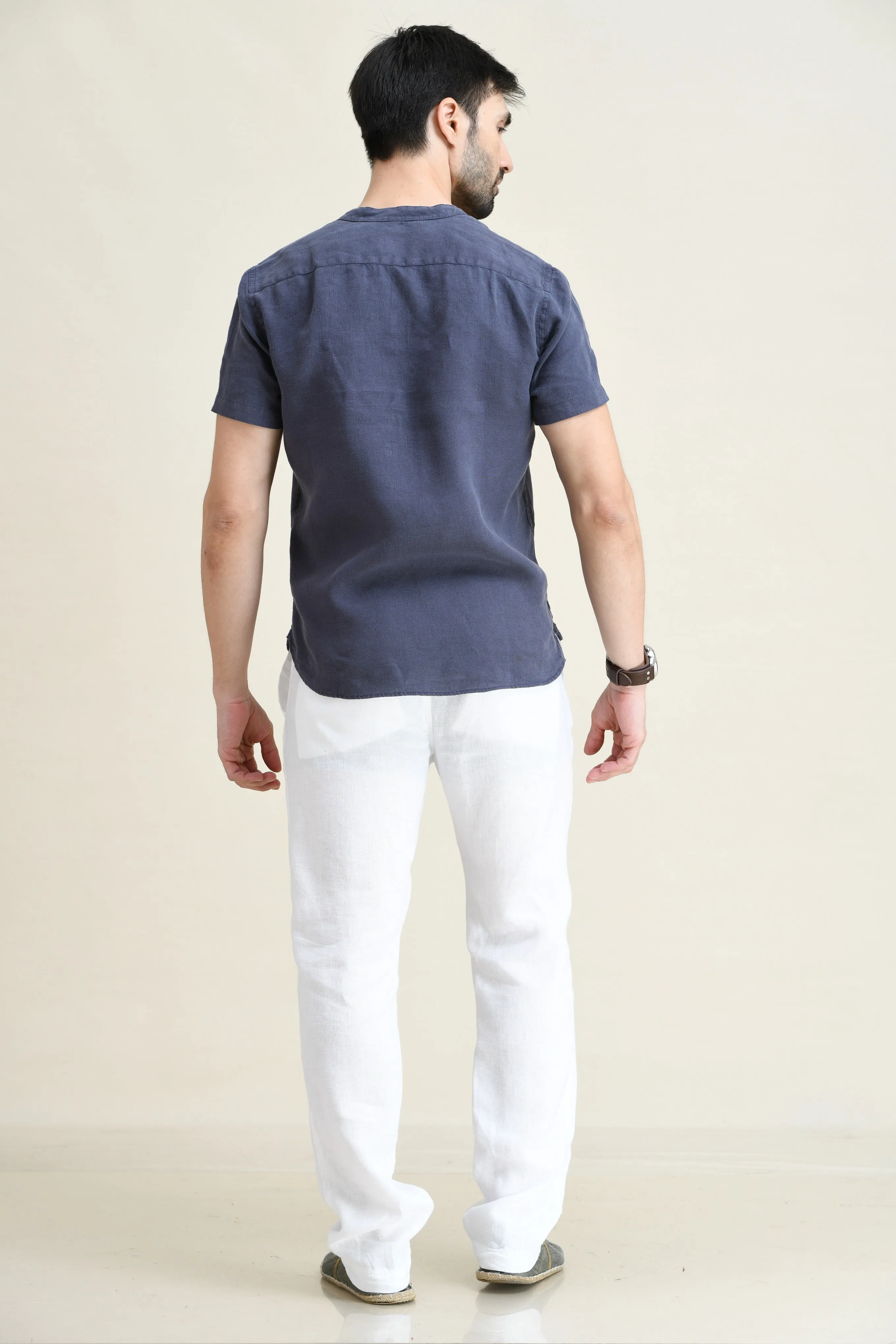 LINEN STRAIGHT LEG PULL-ON PANTS WITH ELASTICIZED DRAW-CORD WAIST