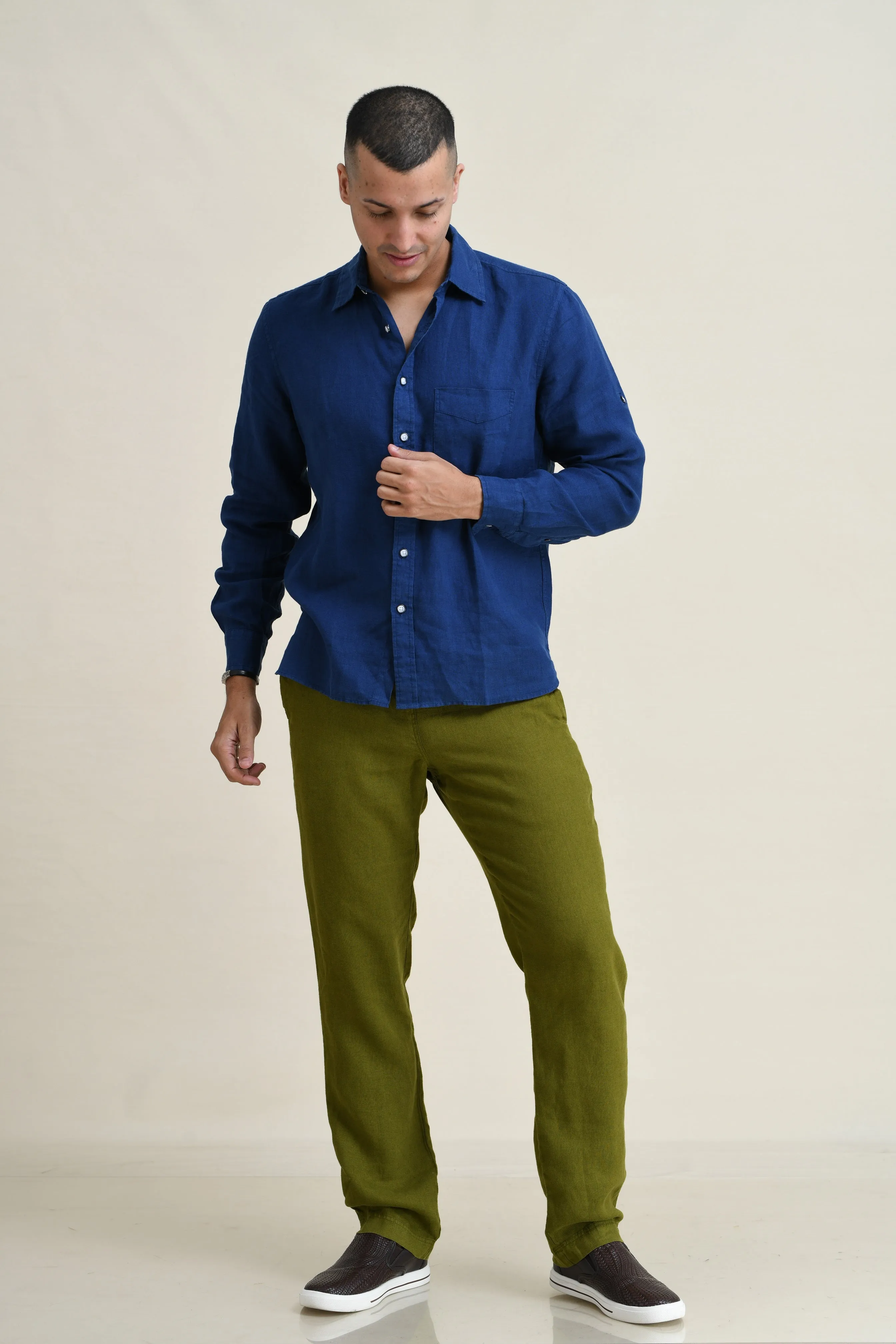 LINEN STRAIGHT LEG PULL-ON PANTS WITH ELASTICIZED DRAW-CORD WAIST