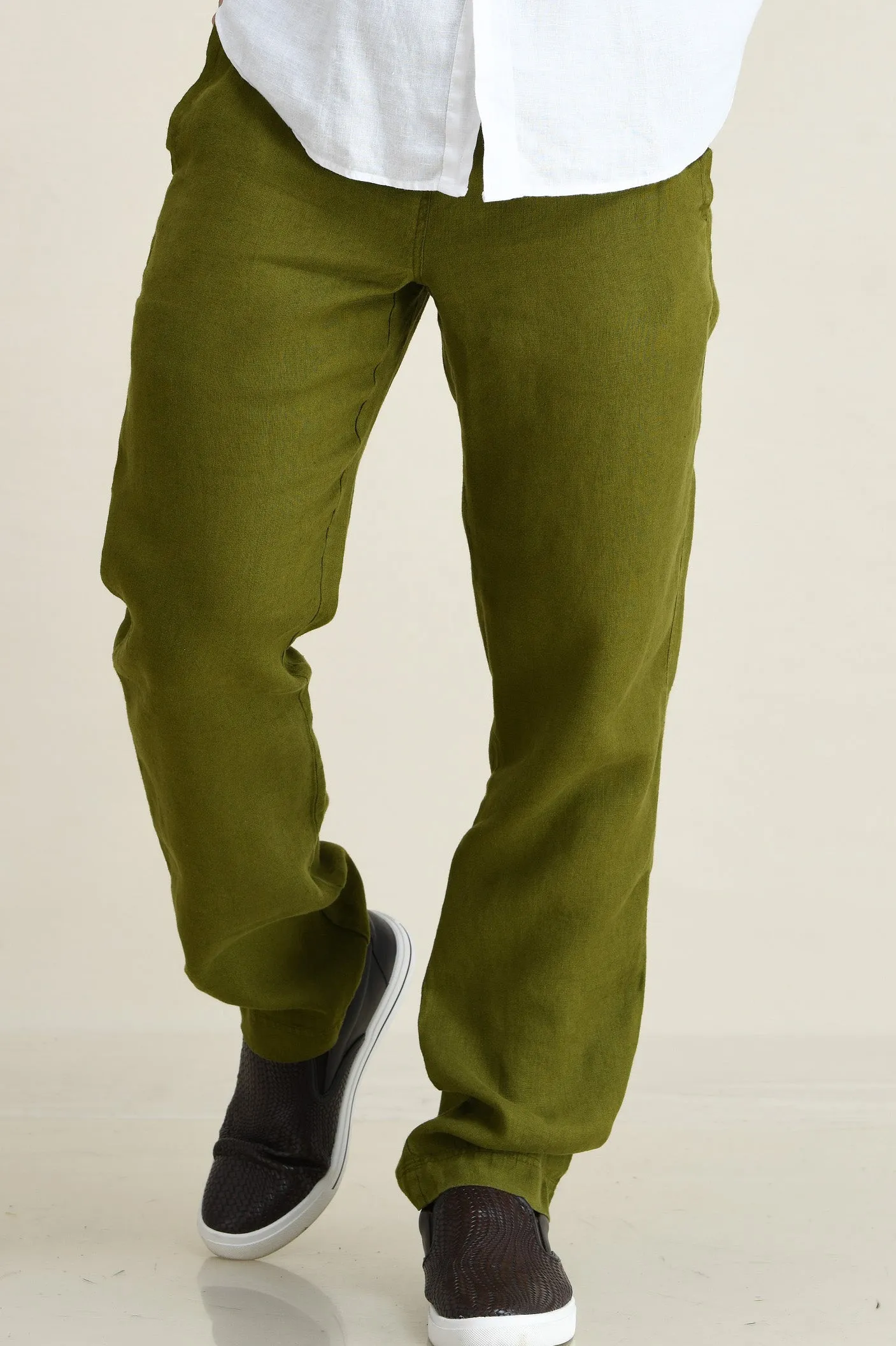 LINEN STRAIGHT LEG PULL-ON PANTS WITH ELASTICIZED DRAW-CORD WAIST