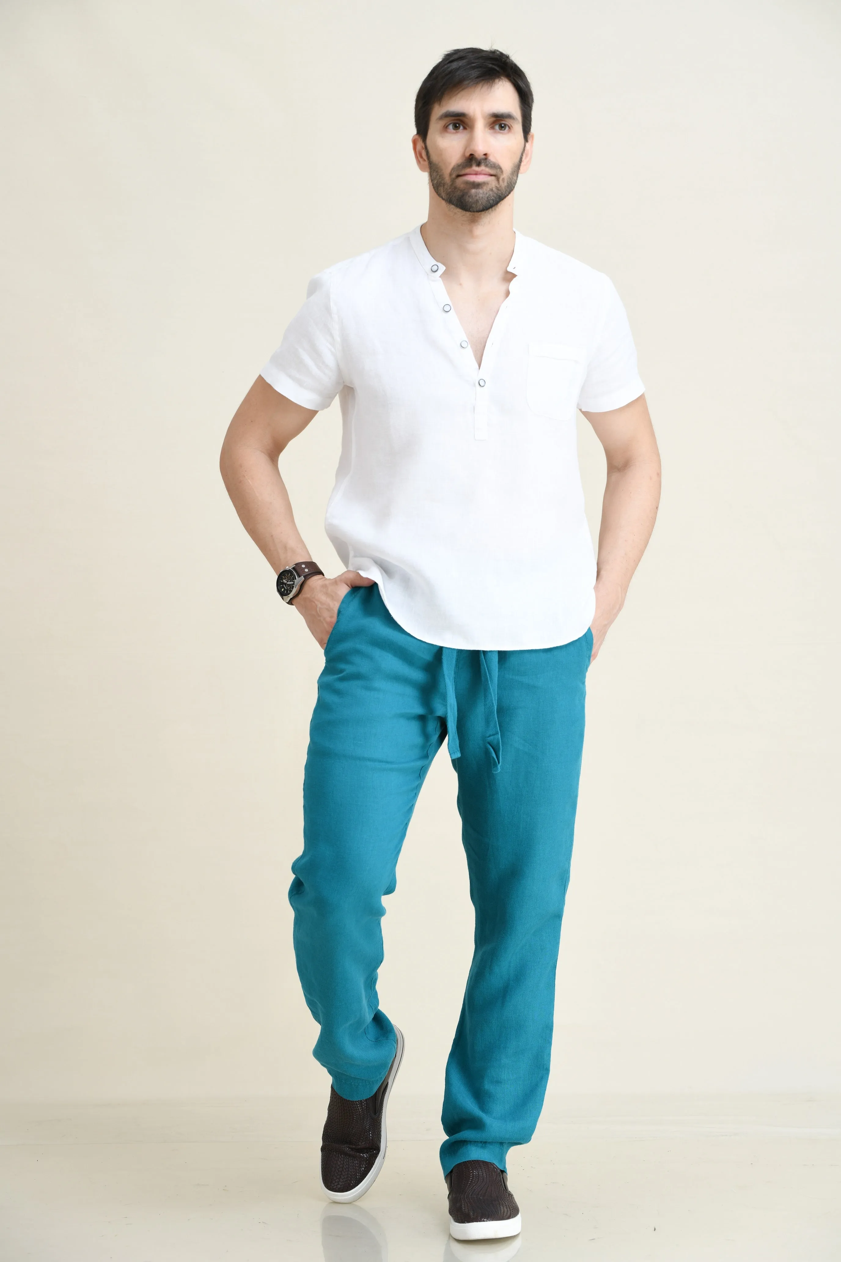 LINEN STRAIGHT LEG PULL-ON PANTS WITH ELASTICIZED DRAW-CORD WAIST