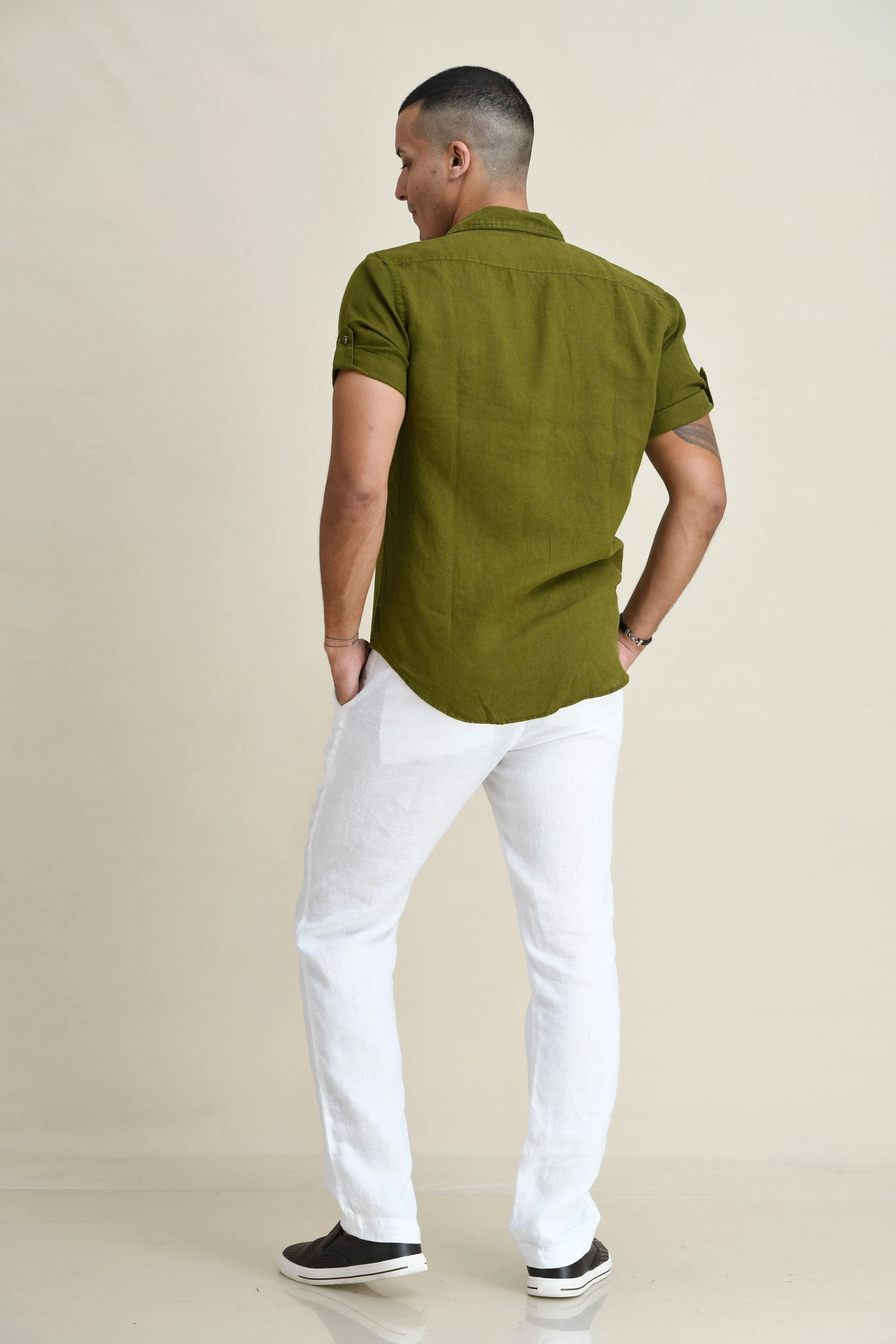 LINEN STRAIGHT LEG PULL-ON PANTS WITH ELASTICIZED DRAW-CORD WAIST