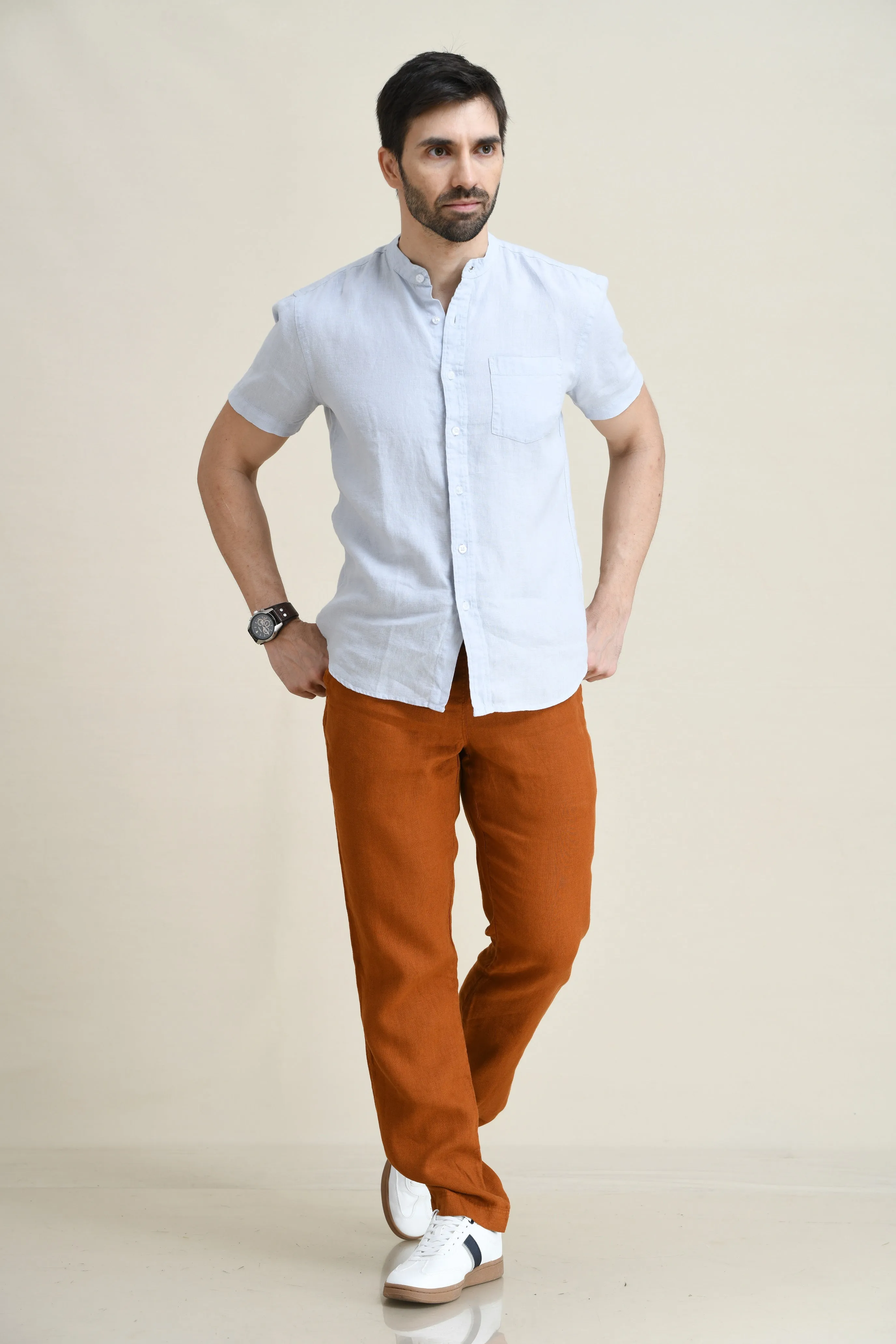 LINEN STRAIGHT LEG PULL-ON PANTS WITH ELASTICIZED DRAW-CORD WAIST