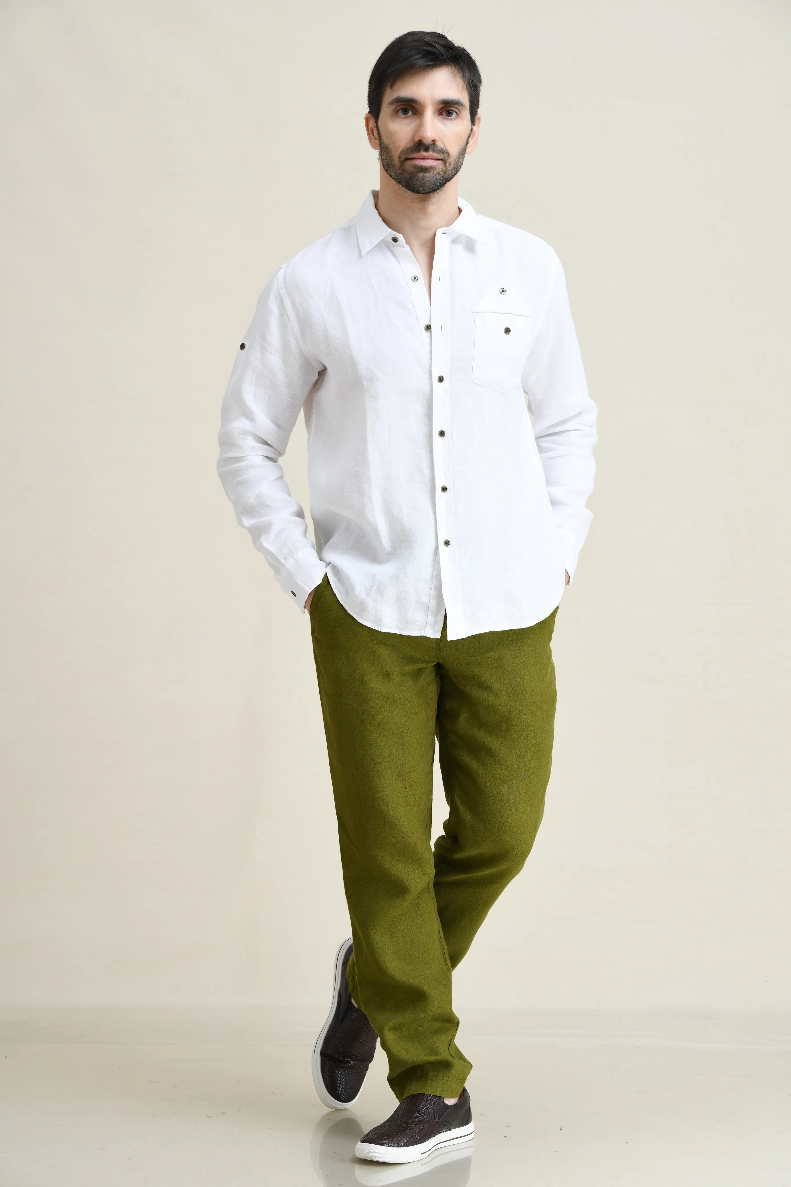 LINEN STRAIGHT LEG PULL-ON PANTS WITH ELASTICIZED DRAW-CORD WAIST