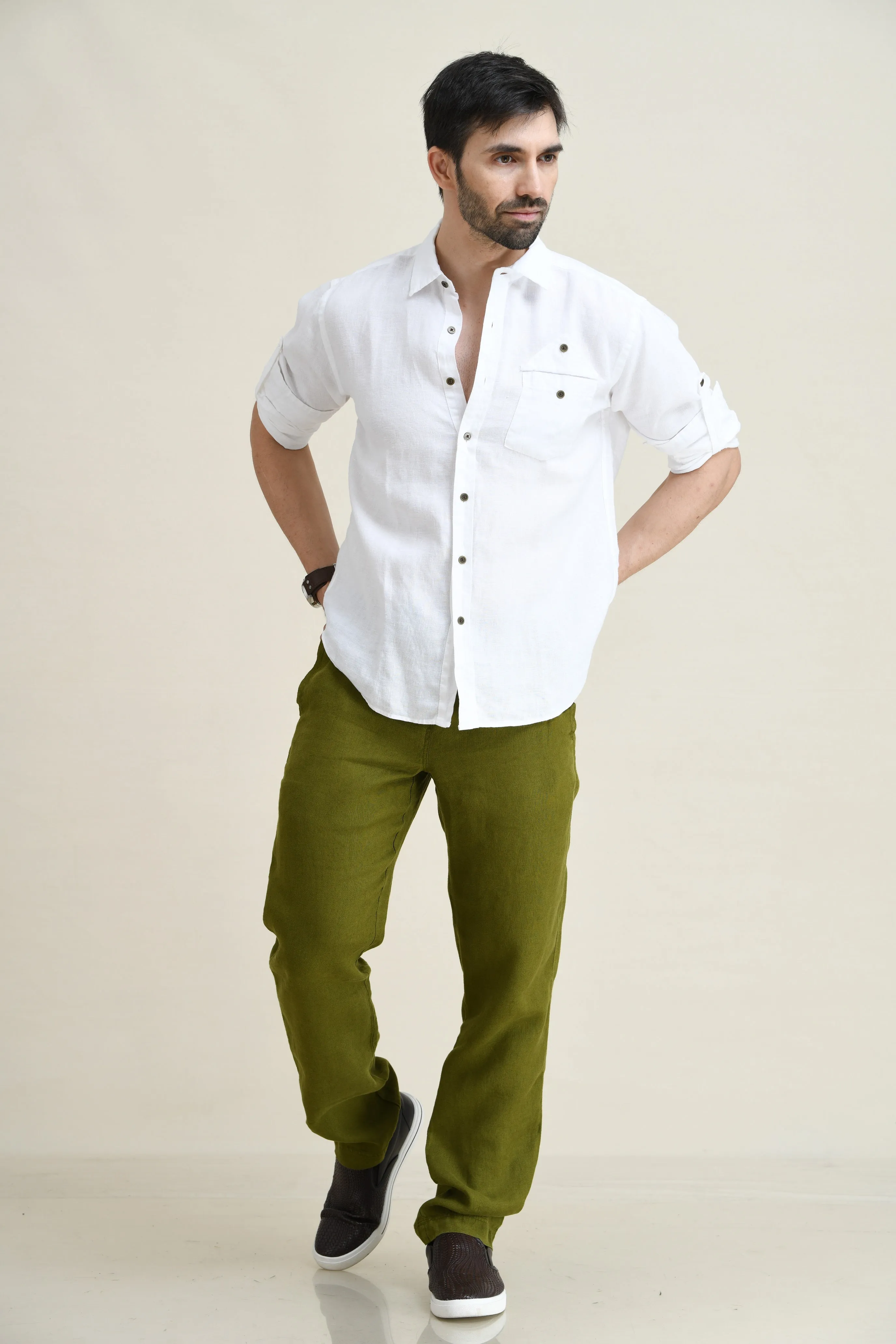 LINEN STRAIGHT LEG PULL-ON PANTS WITH ELASTICIZED DRAW-CORD WAIST