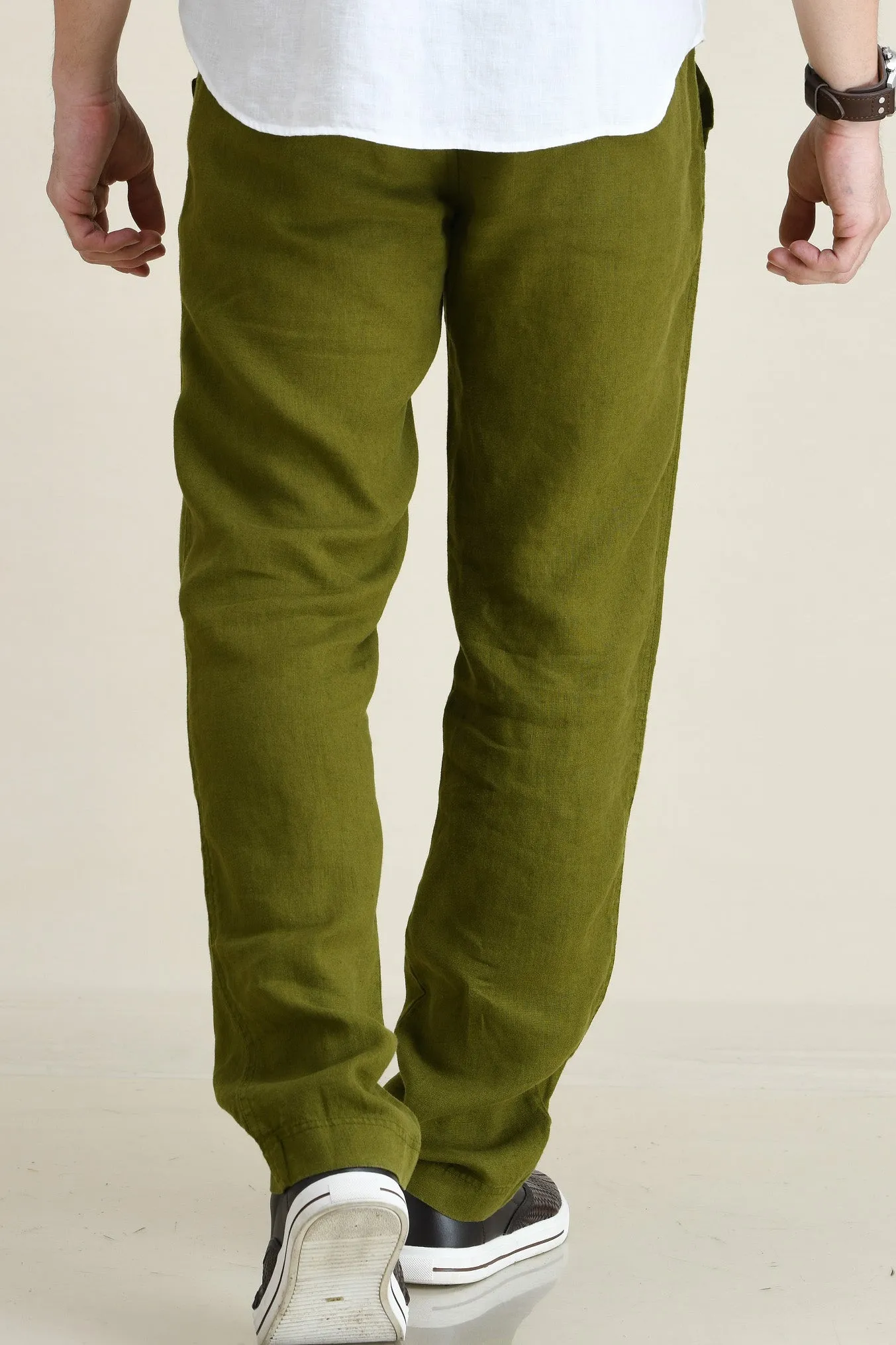 LINEN STRAIGHT LEG PULL-ON PANTS WITH ELASTICIZED DRAW-CORD WAIST