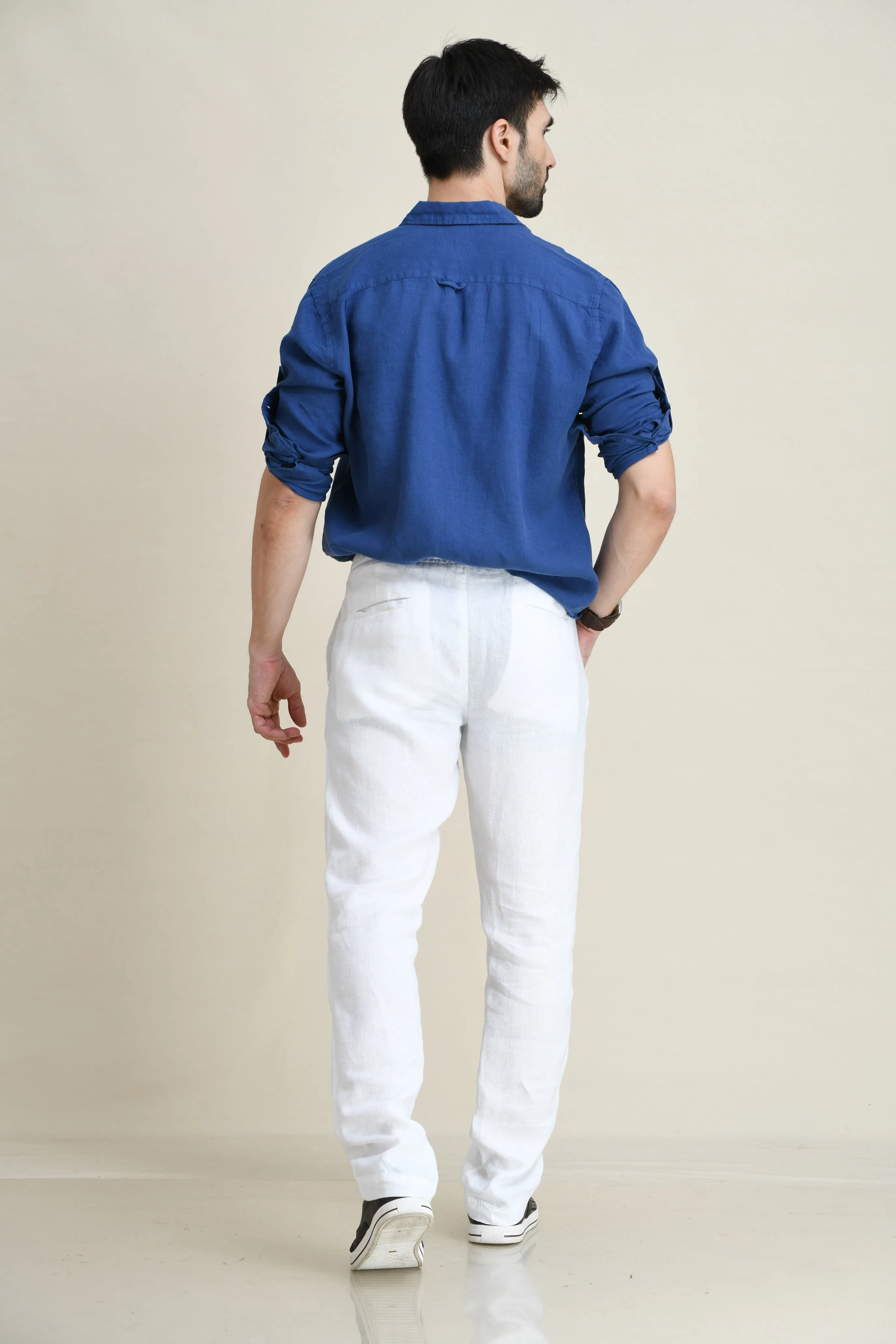 LINEN STRAIGHT LEG PULL-ON PANTS WITH ELASTICIZED DRAW-CORD WAIST