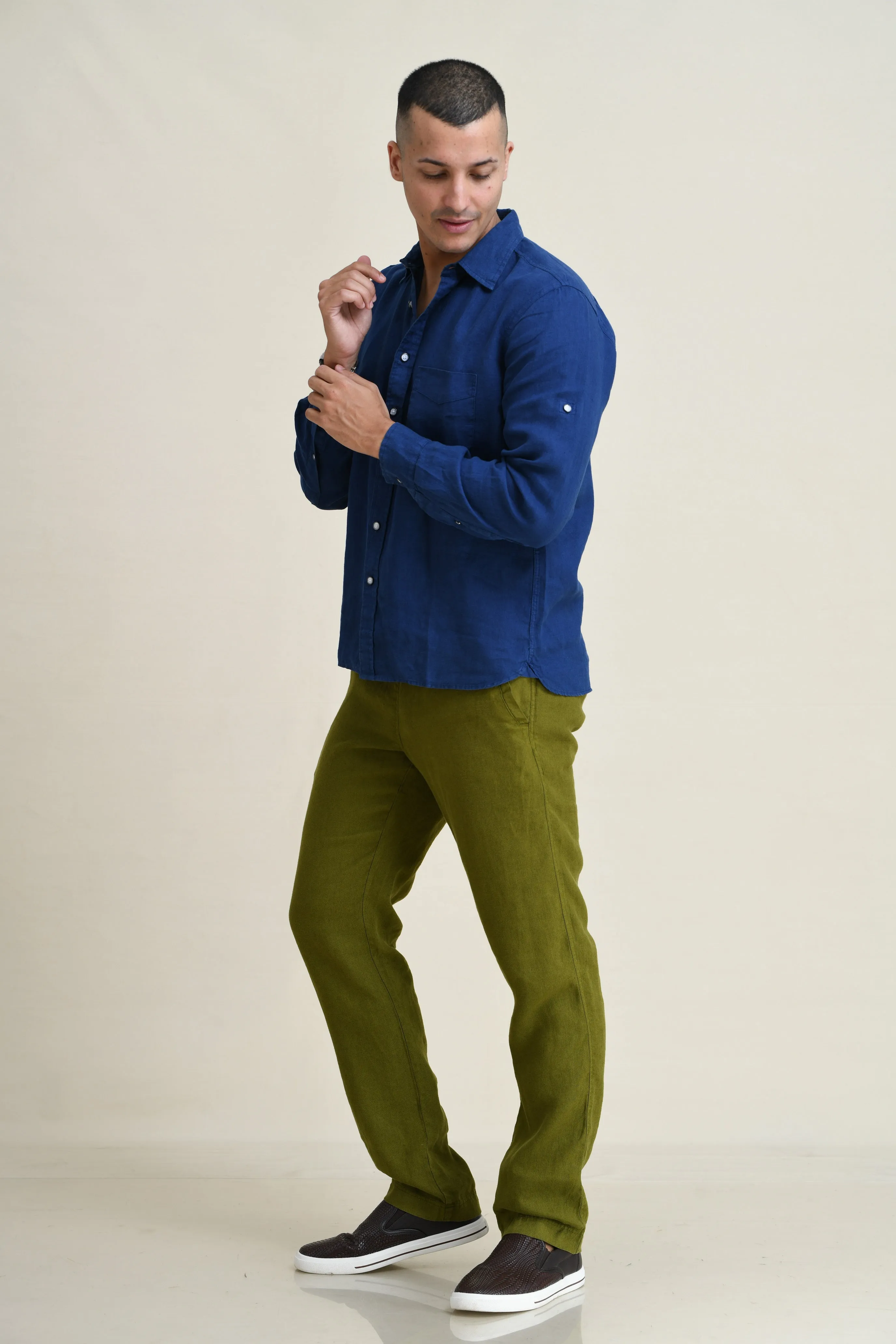 LINEN STRAIGHT LEG PULL-ON PANTS WITH ELASTICIZED DRAW-CORD WAIST