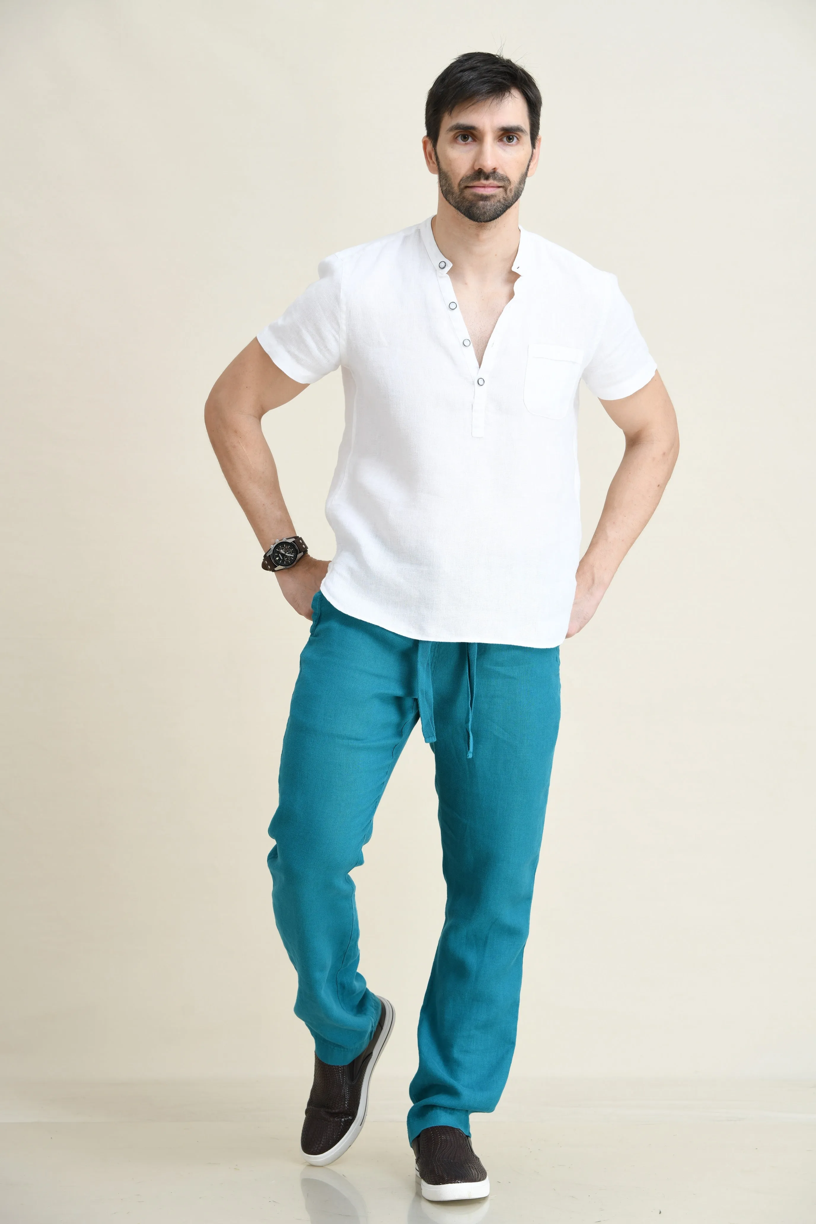 LINEN STRAIGHT LEG PULL-ON PANTS WITH ELASTICIZED DRAW-CORD WAIST