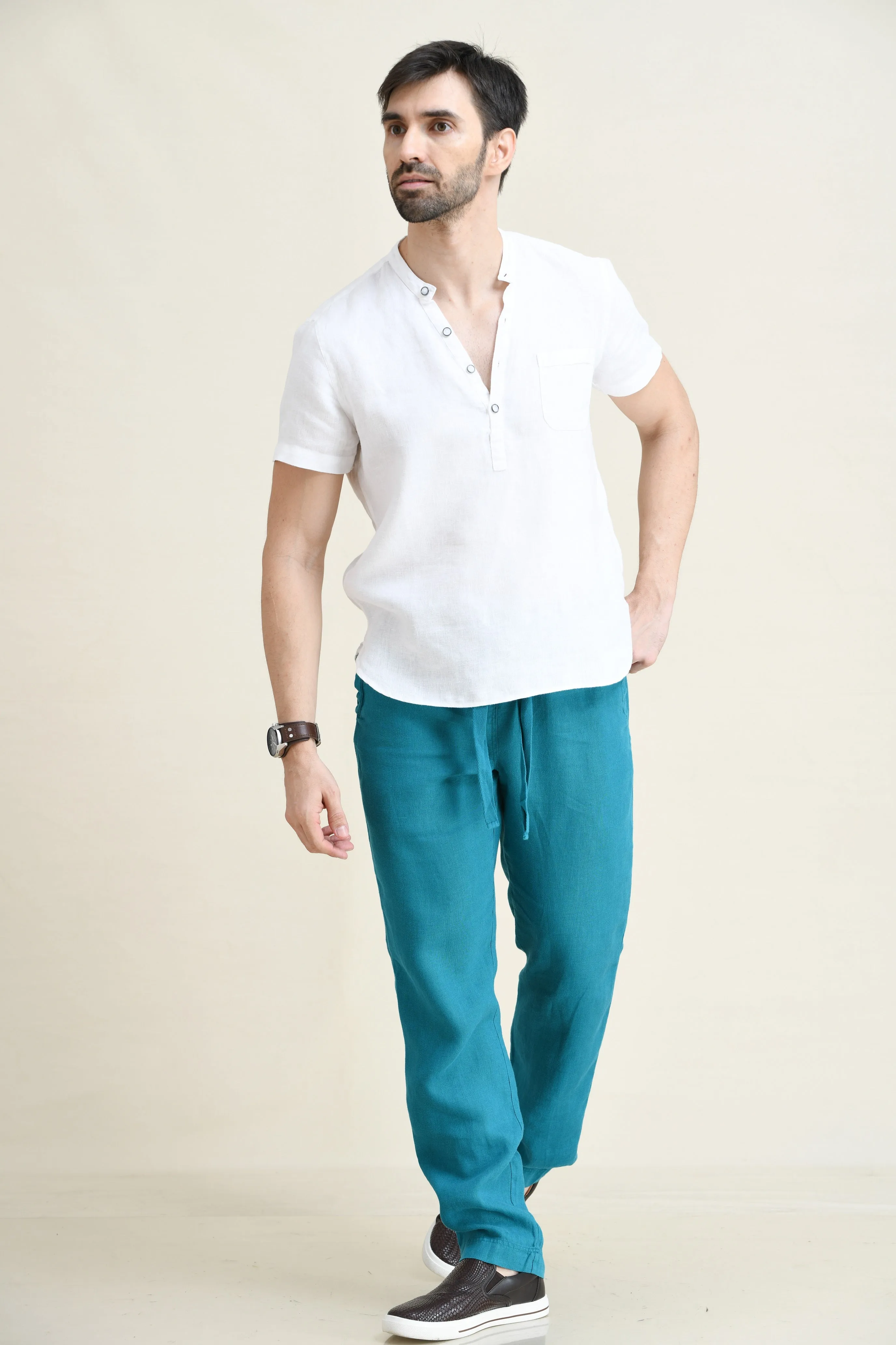 LINEN STRAIGHT LEG PULL-ON PANTS WITH ELASTICIZED DRAW-CORD WAIST