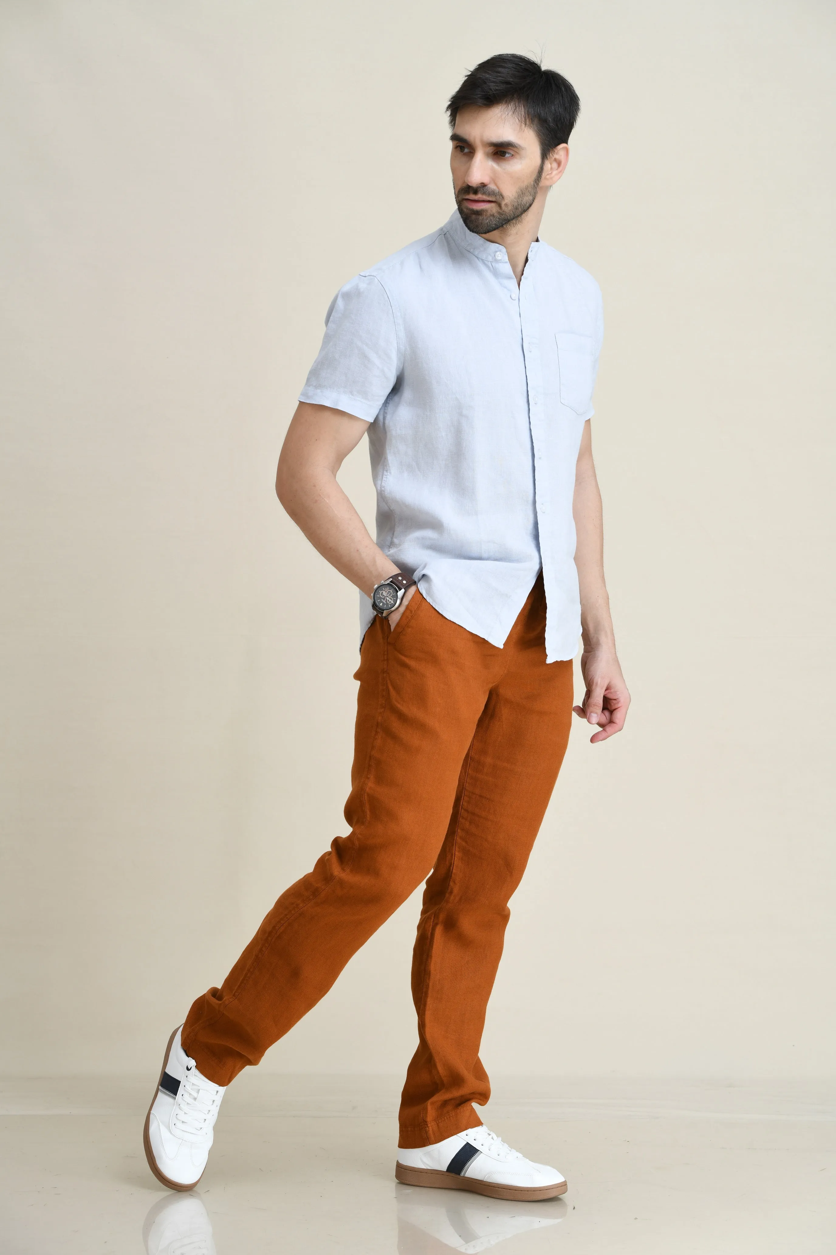 LINEN STRAIGHT LEG PULL-ON PANTS WITH ELASTICIZED DRAW-CORD WAIST