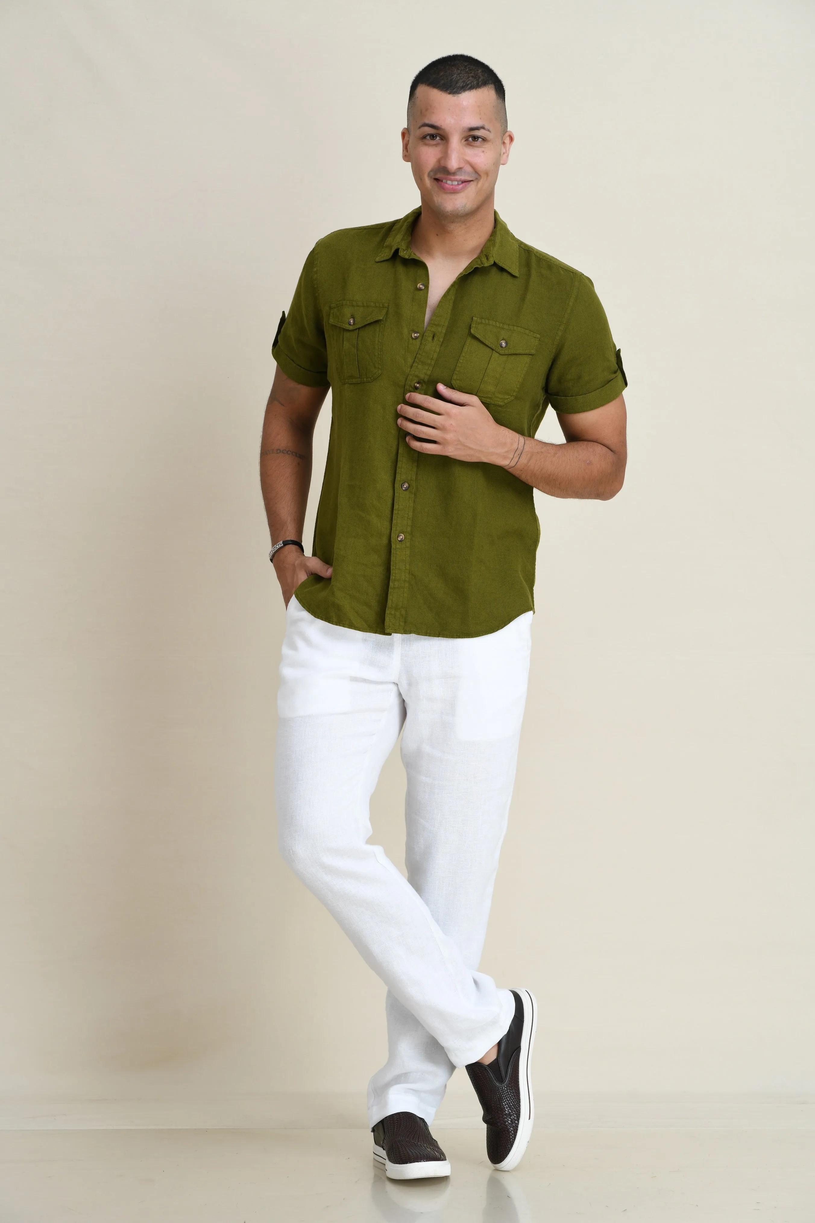 LINEN STRAIGHT LEG PULL-ON PANTS WITH ELASTICIZED DRAW-CORD WAIST