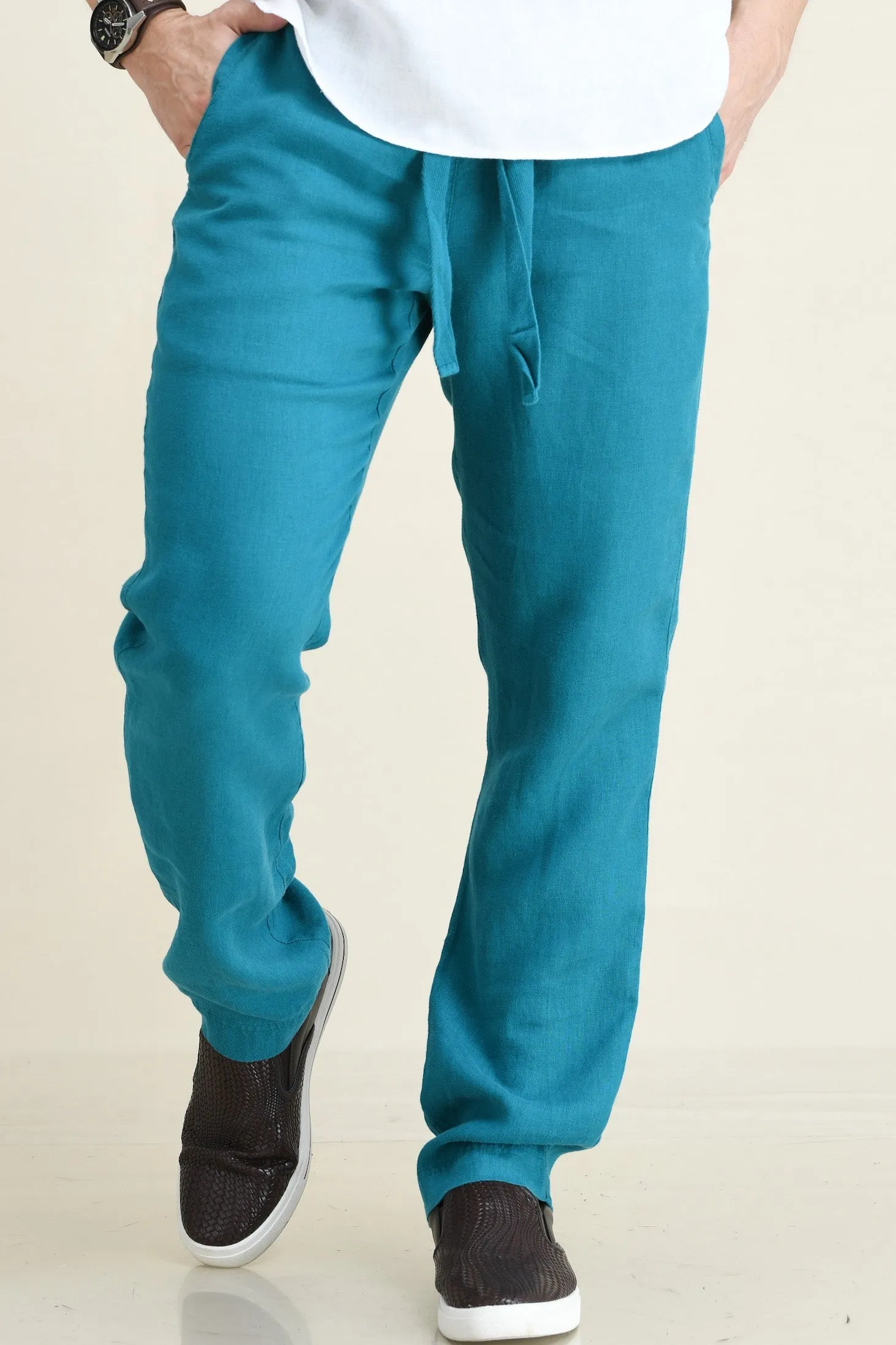 LINEN STRAIGHT LEG PULL-ON PANTS WITH ELASTICIZED DRAW-CORD WAIST
