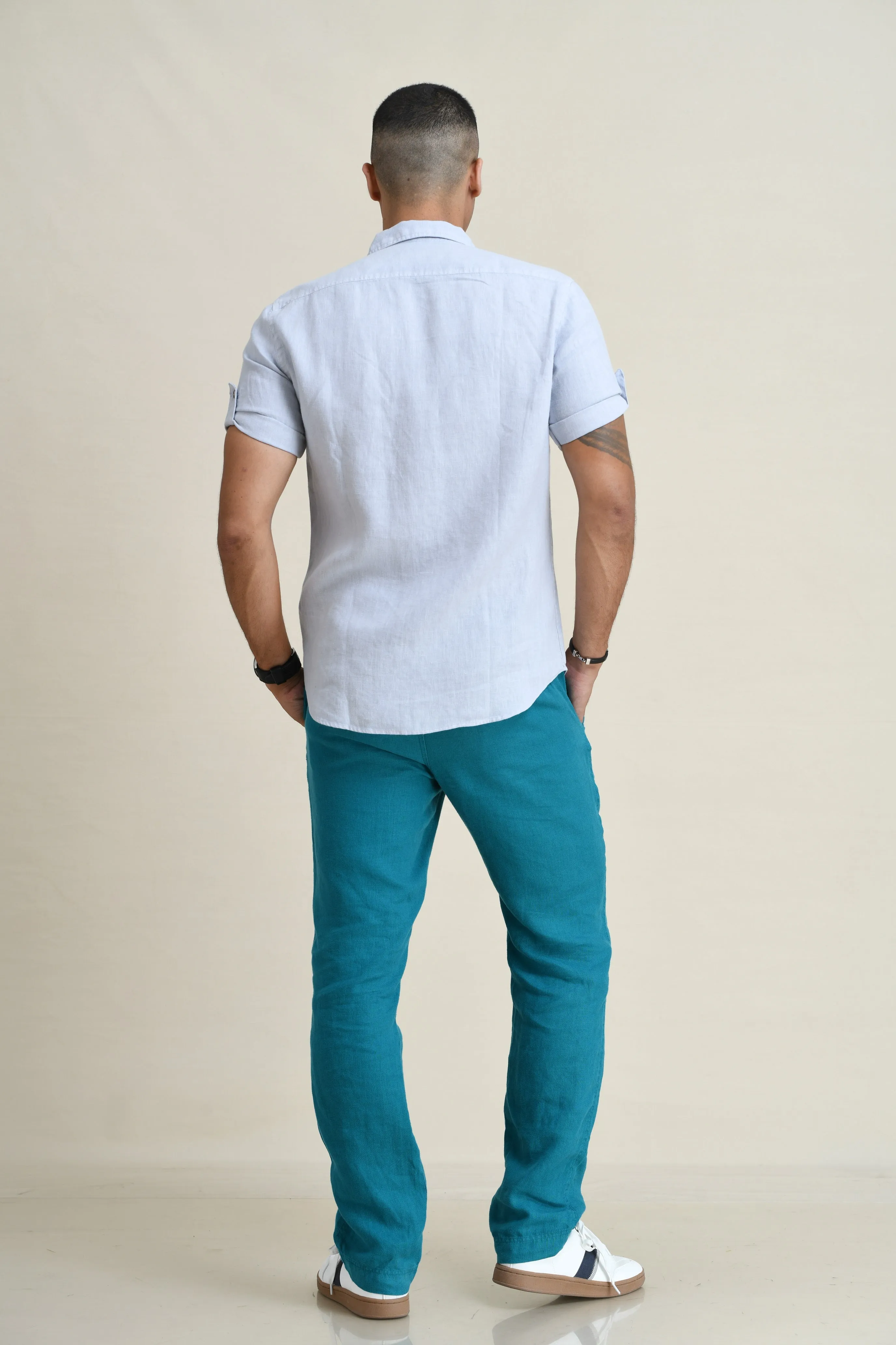 LINEN STRAIGHT LEG PULL-ON PANTS WITH ELASTICIZED DRAW-CORD WAIST