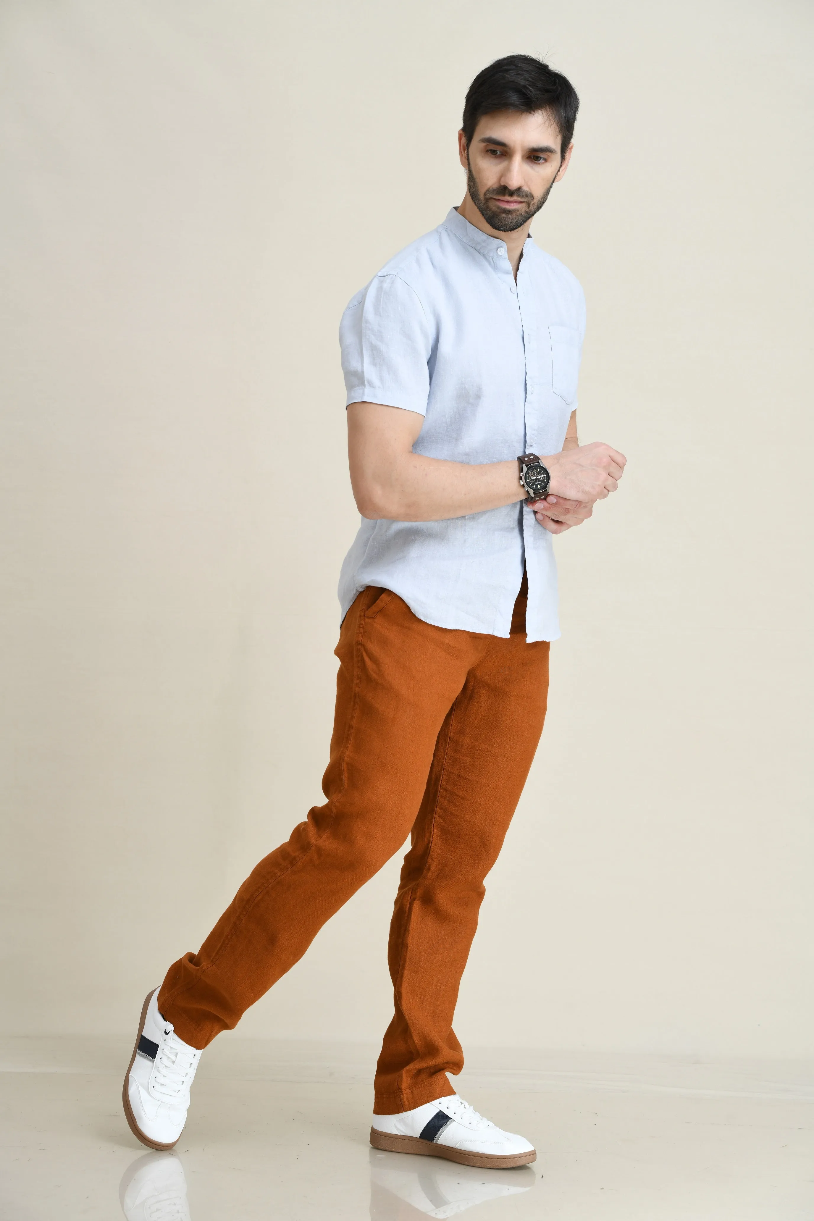 LINEN STRAIGHT LEG PULL-ON PANTS WITH ELASTICIZED DRAW-CORD WAIST
