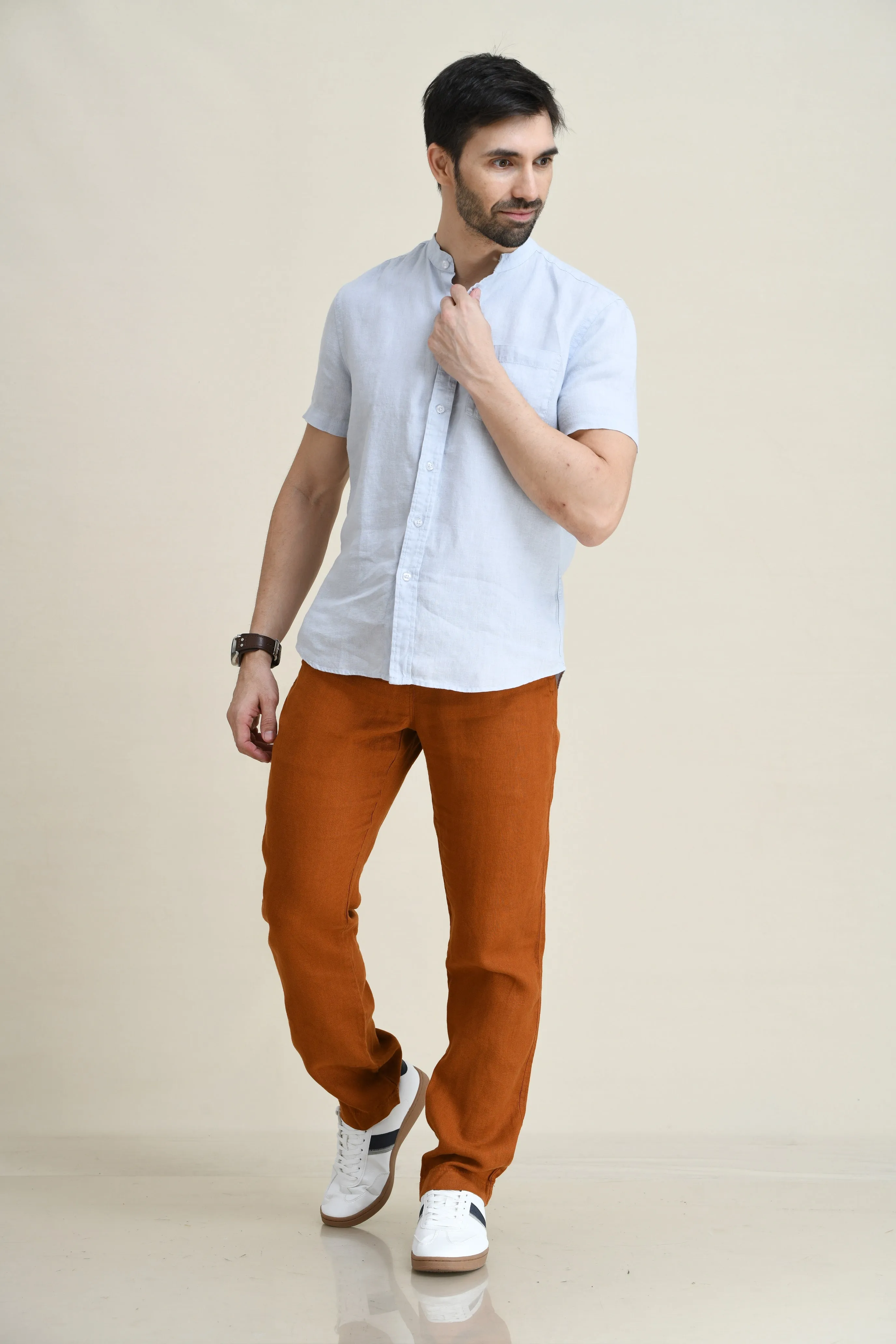 LINEN STRAIGHT LEG PULL-ON PANTS WITH ELASTICIZED DRAW-CORD WAIST