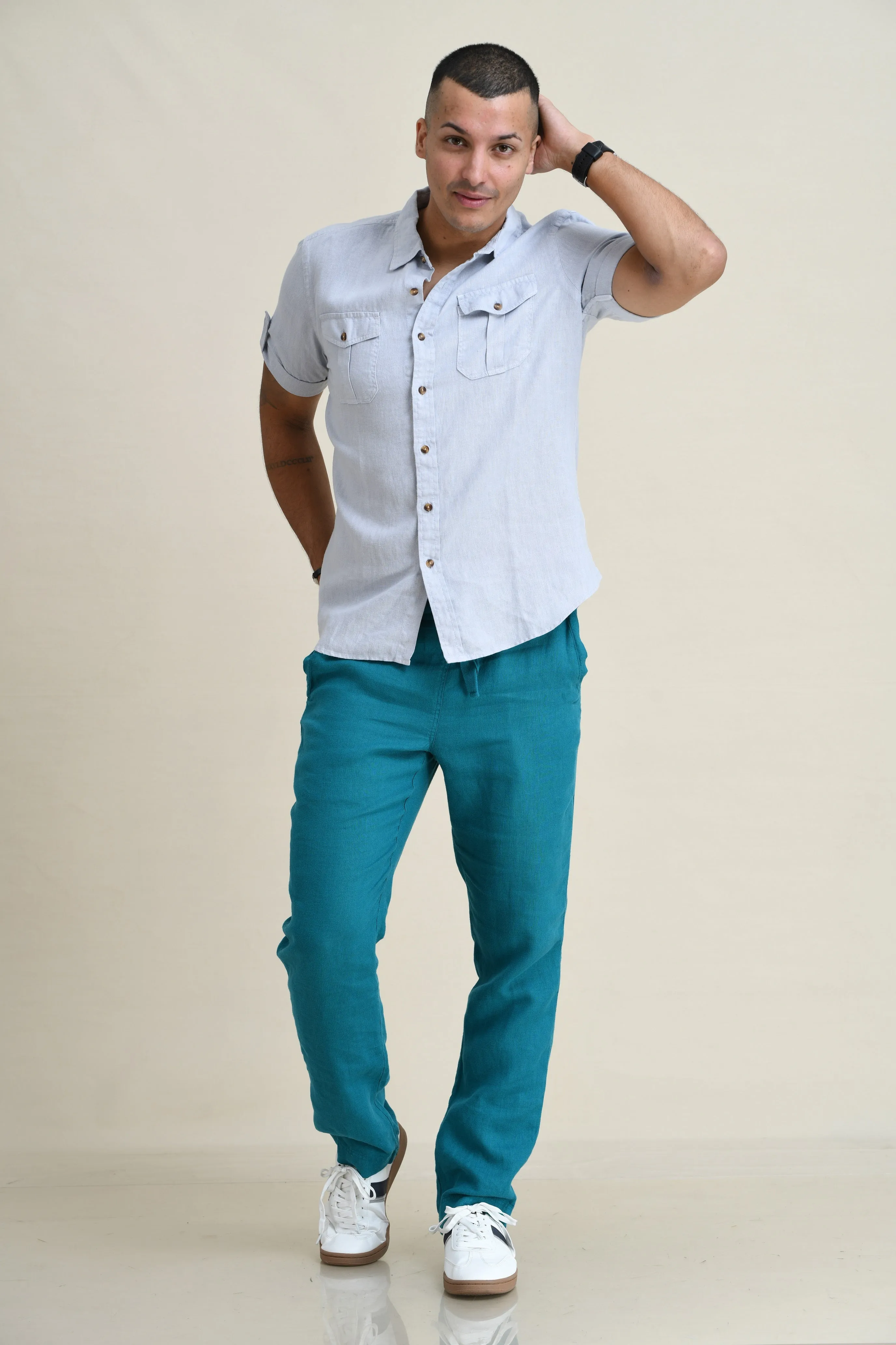 LINEN STRAIGHT LEG PULL-ON PANTS WITH ELASTICIZED DRAW-CORD WAIST