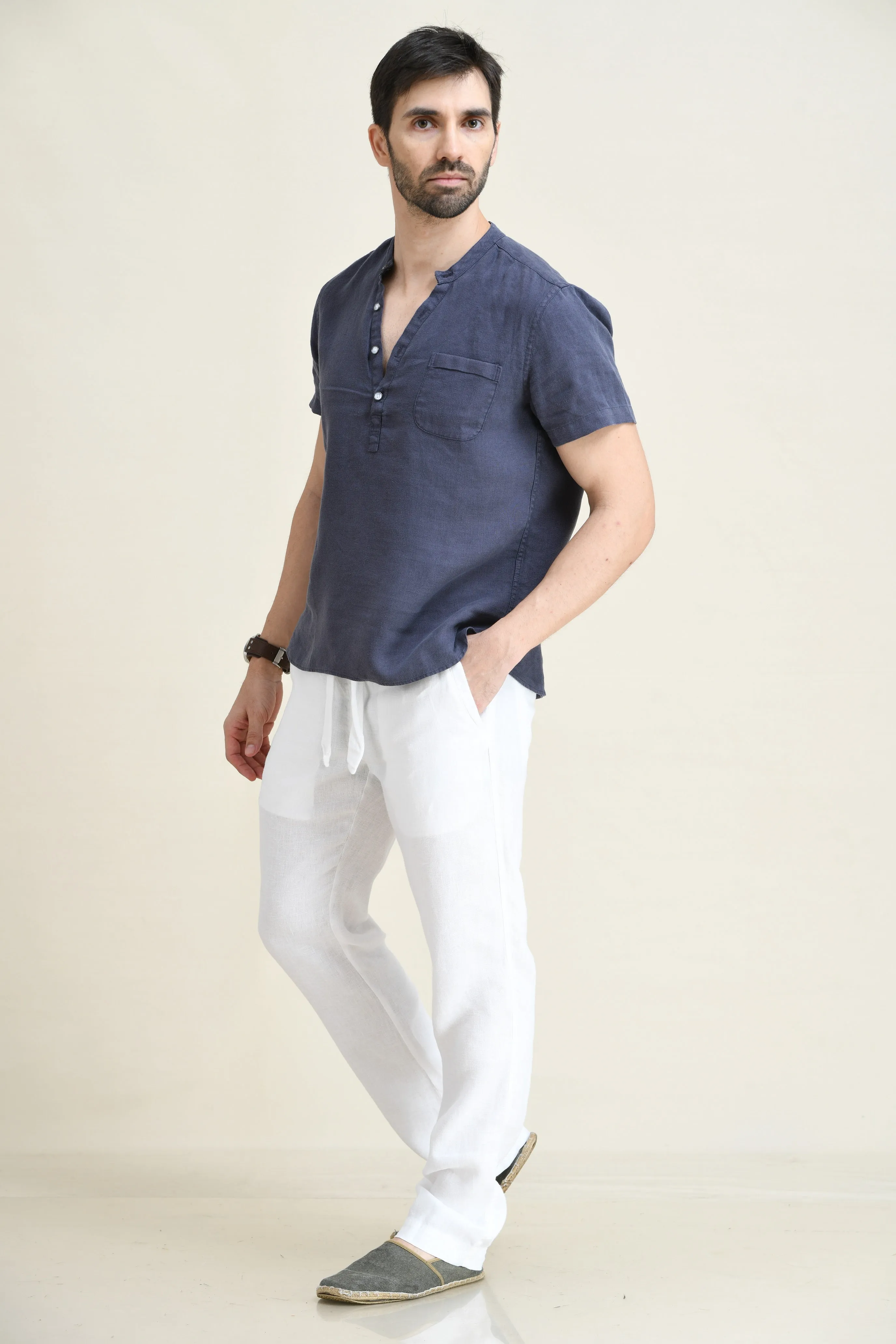 LINEN STRAIGHT LEG PULL-ON PANTS WITH ELASTICIZED DRAW-CORD WAIST