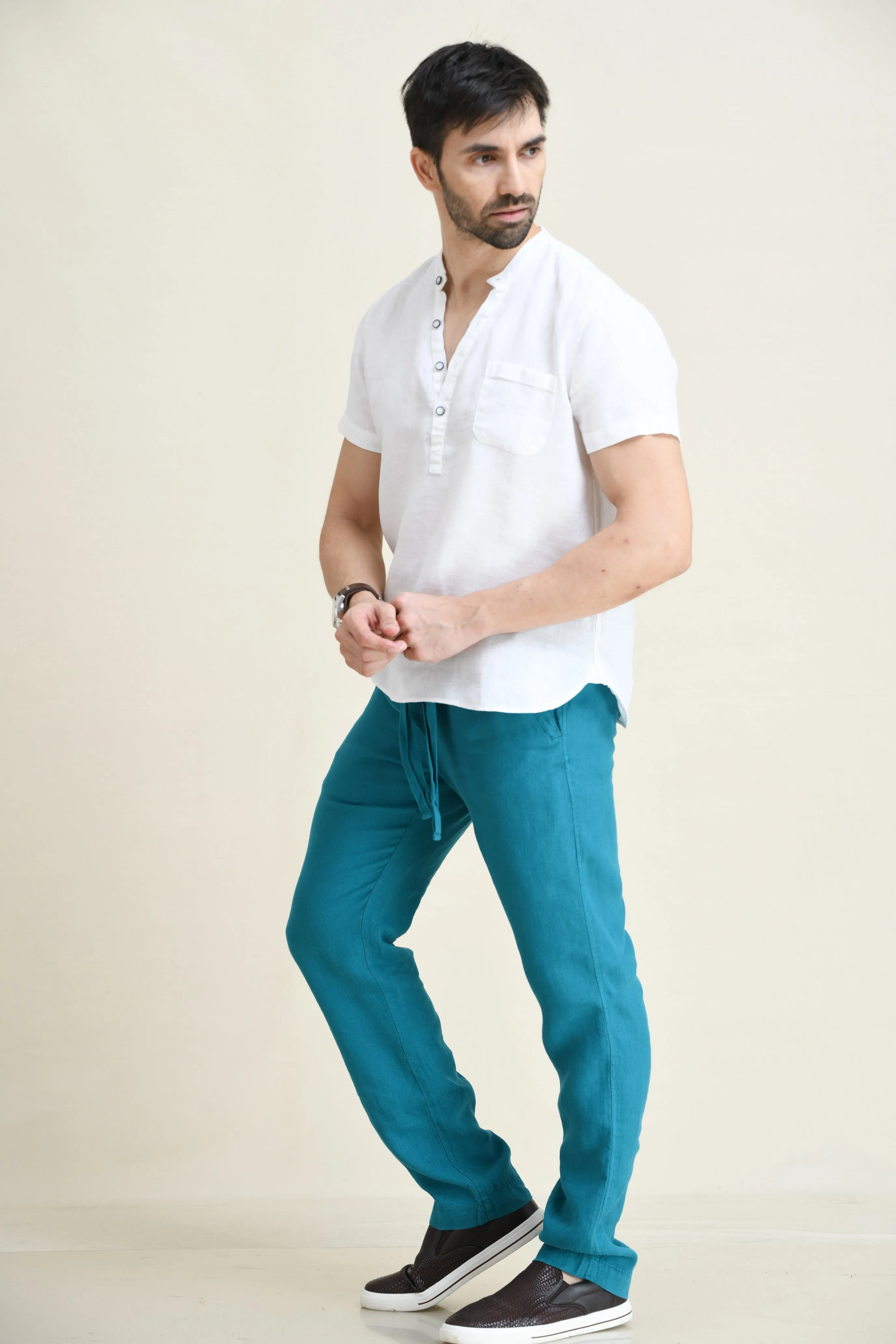 LINEN STRAIGHT LEG PULL-ON PANTS WITH ELASTICIZED DRAW-CORD WAIST