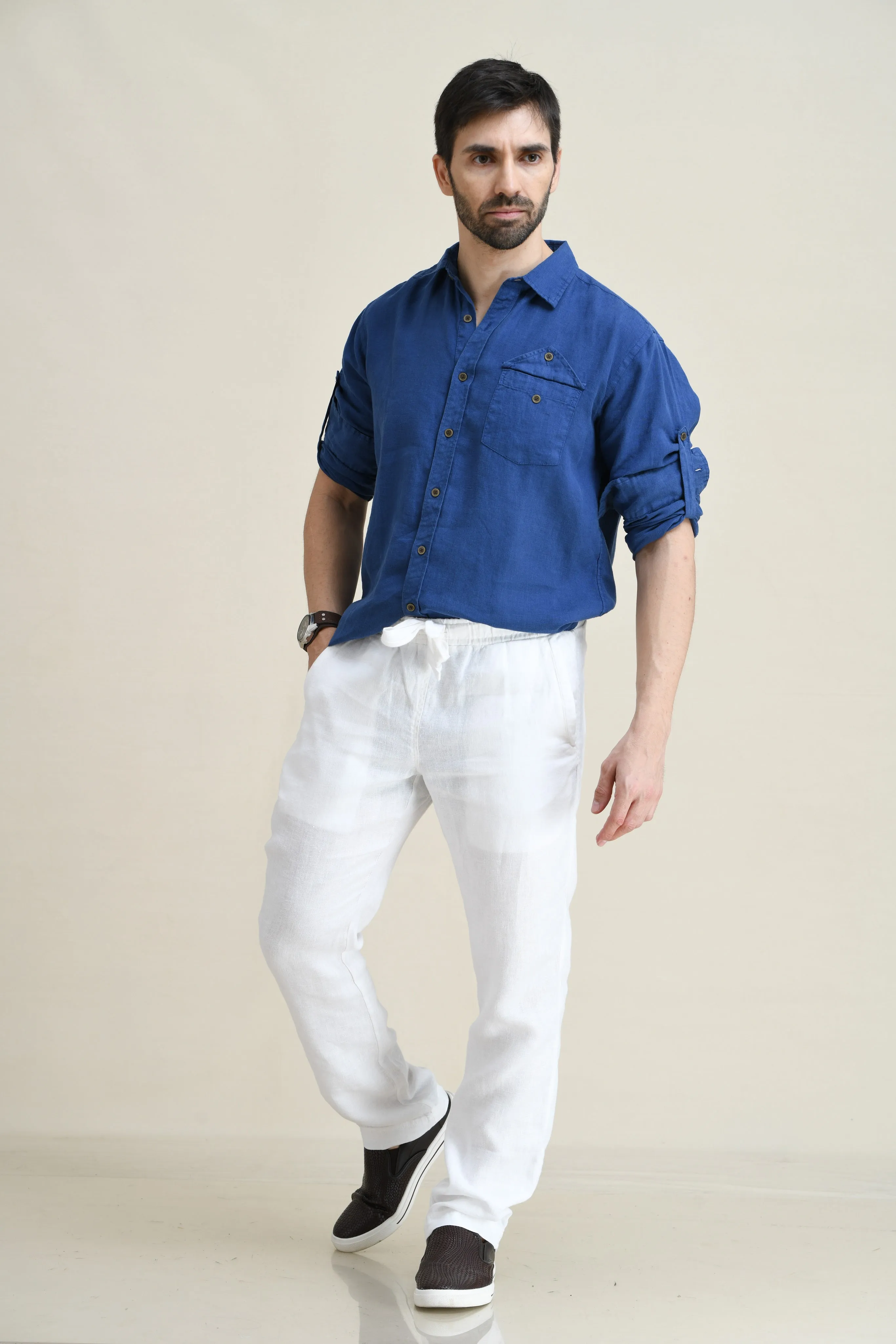 LINEN STRAIGHT LEG PULL-ON PANTS WITH ELASTICIZED DRAW-CORD WAIST