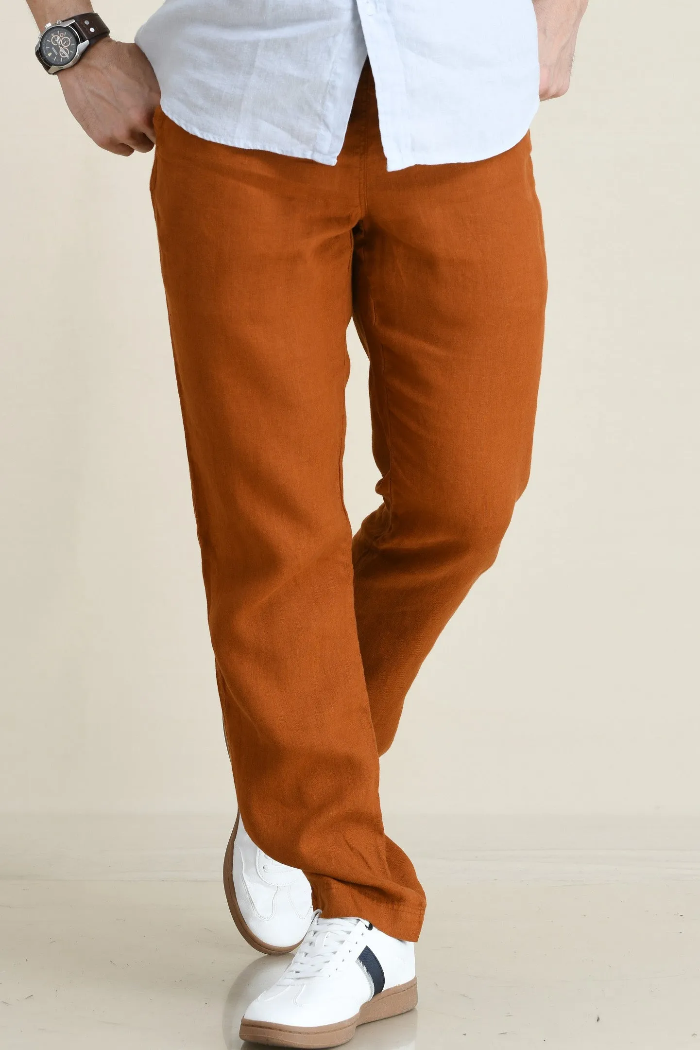 LINEN STRAIGHT LEG PULL-ON PANTS WITH ELASTICIZED DRAW-CORD WAIST