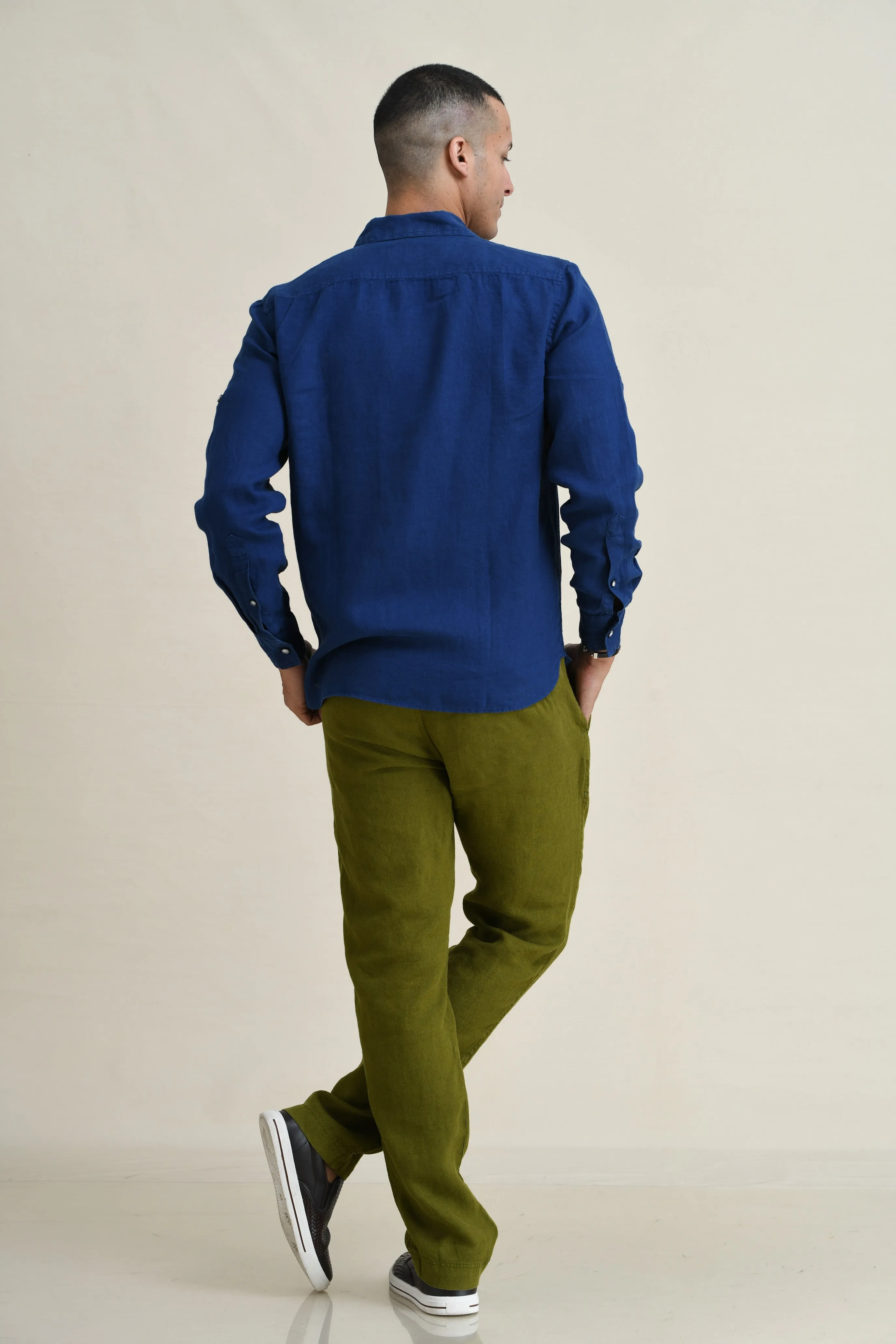 LINEN STRAIGHT LEG PULL-ON PANTS WITH ELASTICIZED DRAW-CORD WAIST