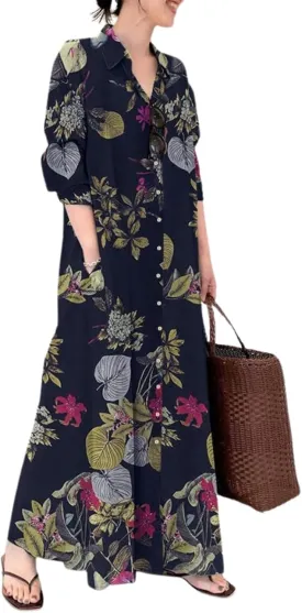 LOAIHA Women's Casual Button Down Cotton Linen Maxi Dress Long Sleeve Lapel Loose Plus Size Shirt Dresses with 2 Pockets