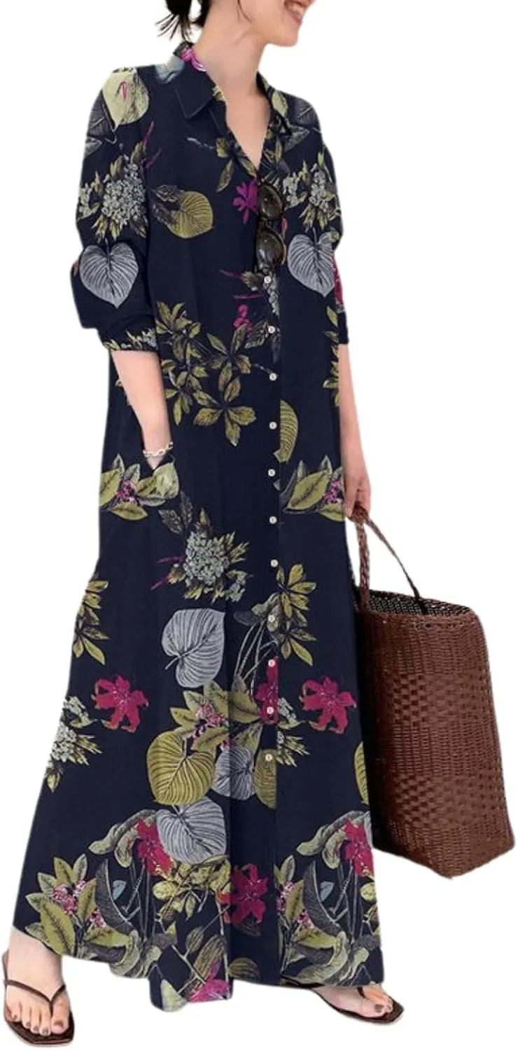LOAIHA Women's Casual Button Down Cotton Linen Maxi Dress Long Sleeve Lapel Loose Plus Size Shirt Dresses with 2 Pockets
