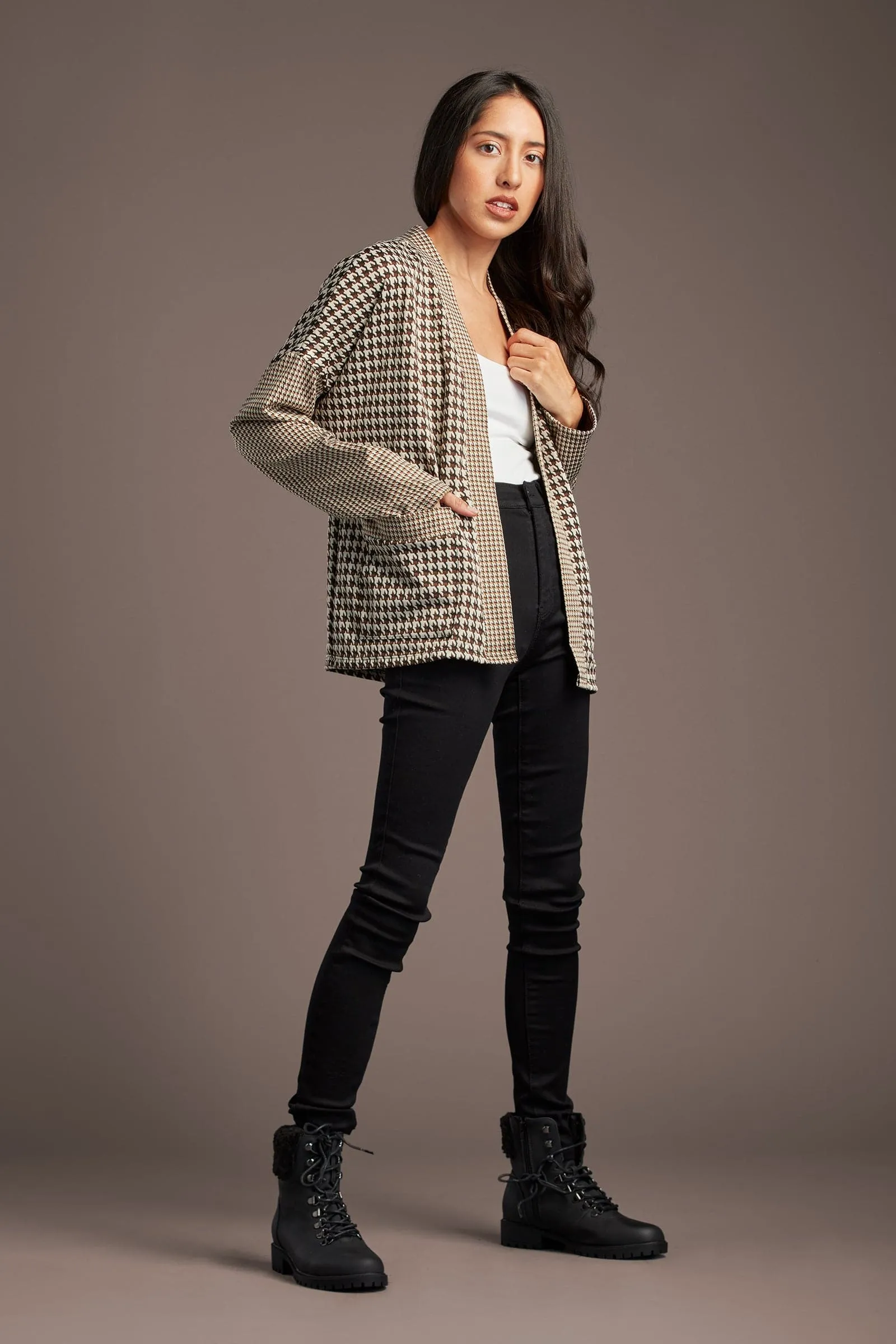 Lou Lou for You Houndstooth Pattern Open Front Cardigan