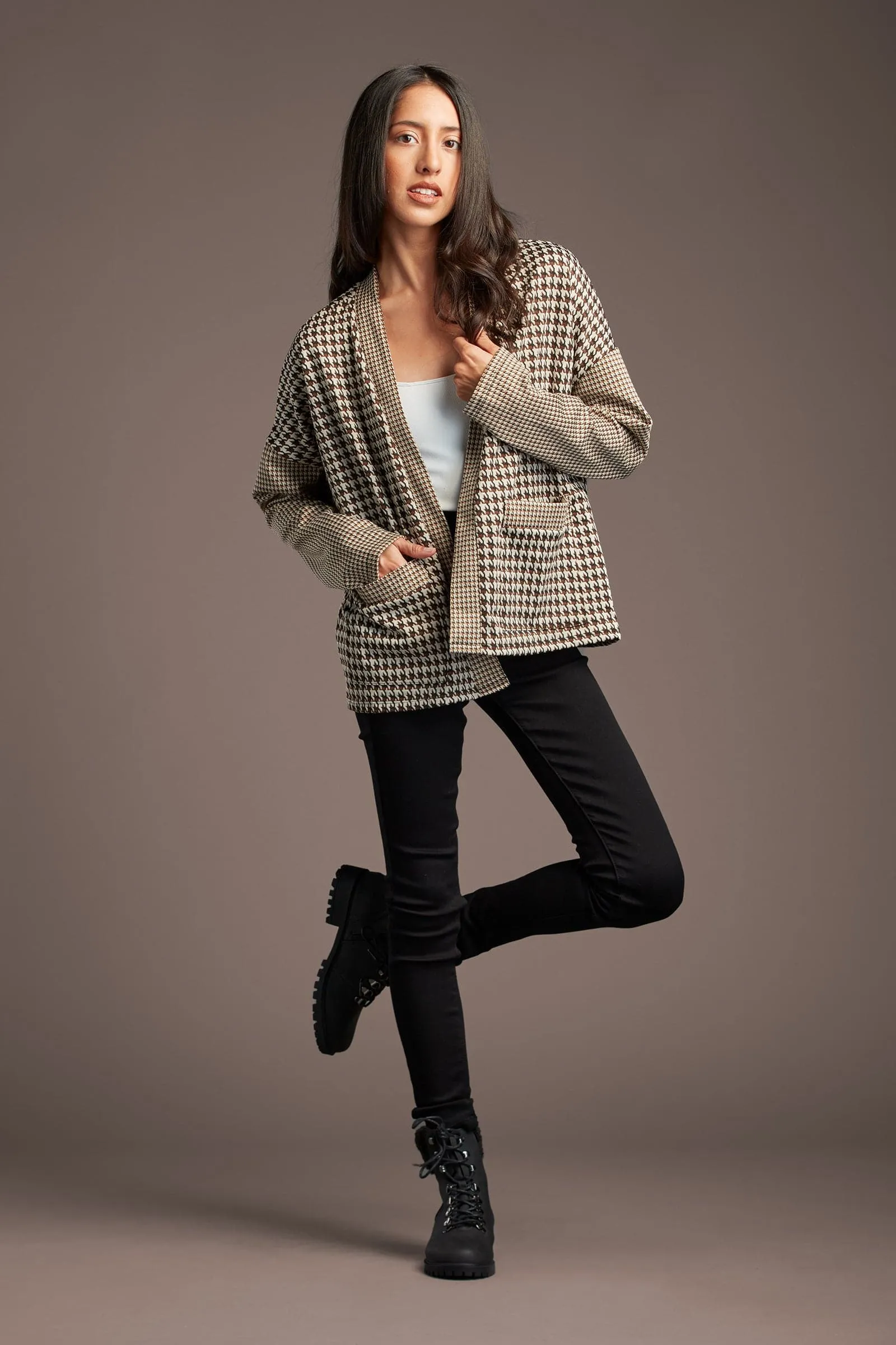 Lou Lou for You Houndstooth Pattern Open Front Cardigan