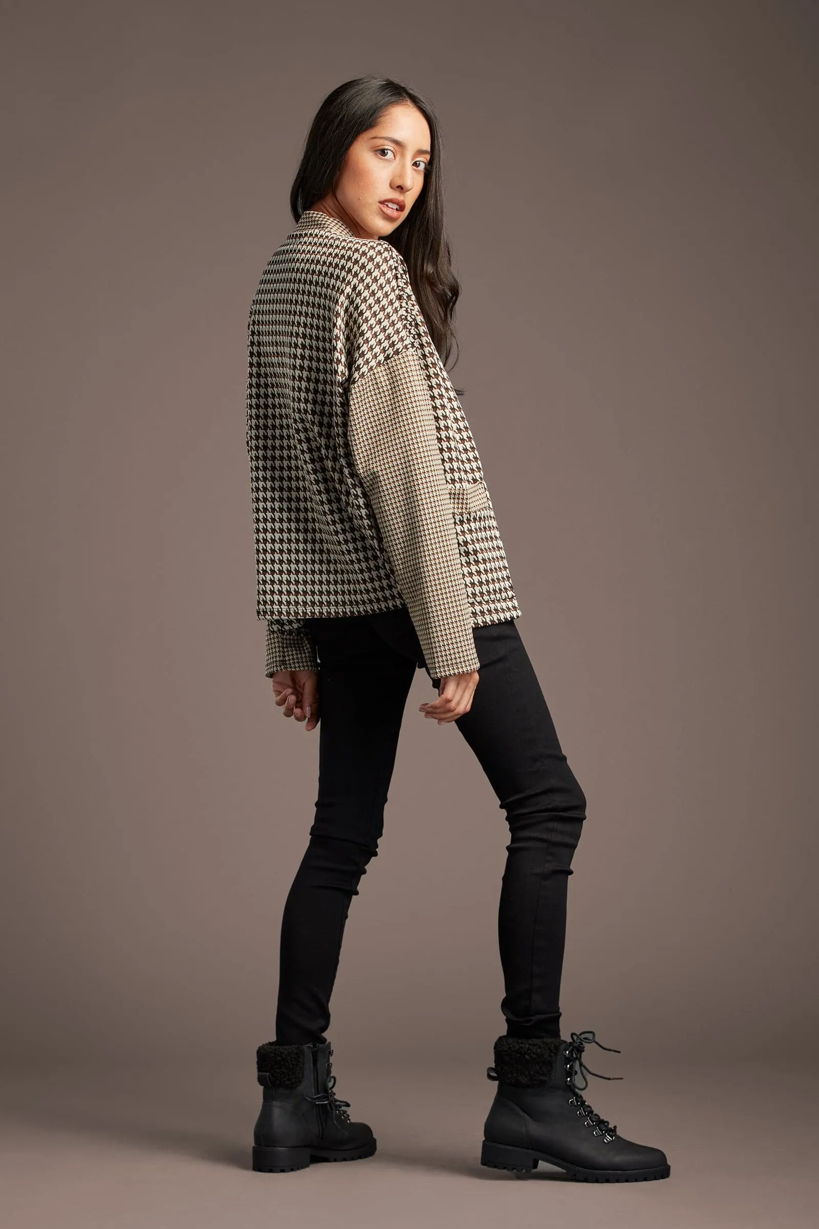 Lou Lou for You Houndstooth Pattern Open Front Cardigan