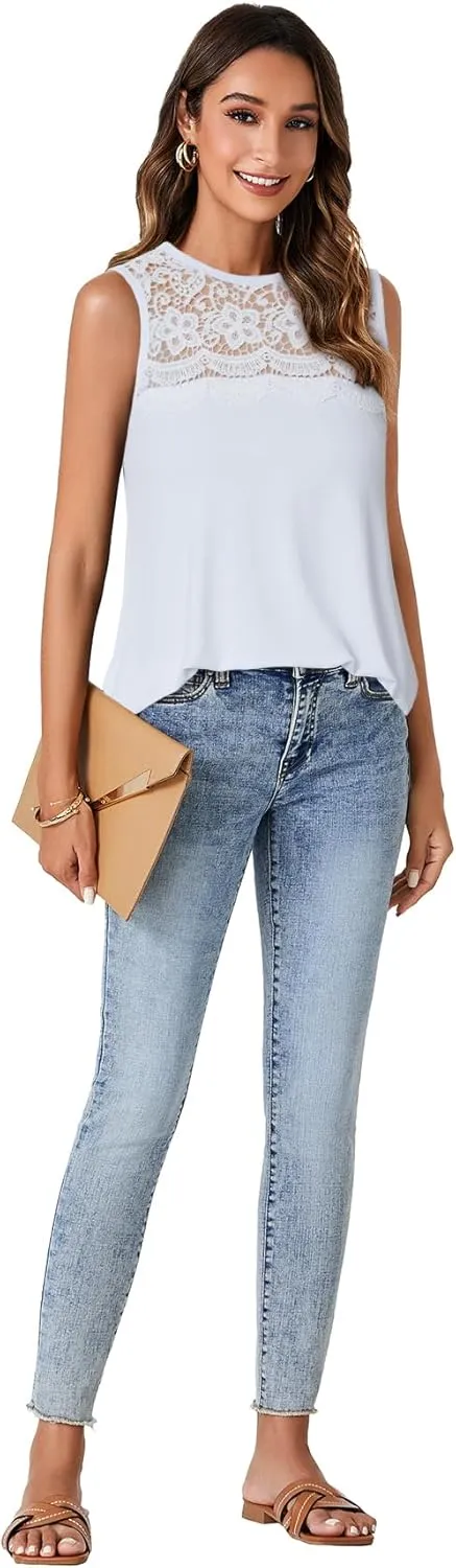 LYANER Women's Summer Tops Lace Crew Neck Sleeveless Tunic Shirts Casual Loose Flowy Blouses Tank Top