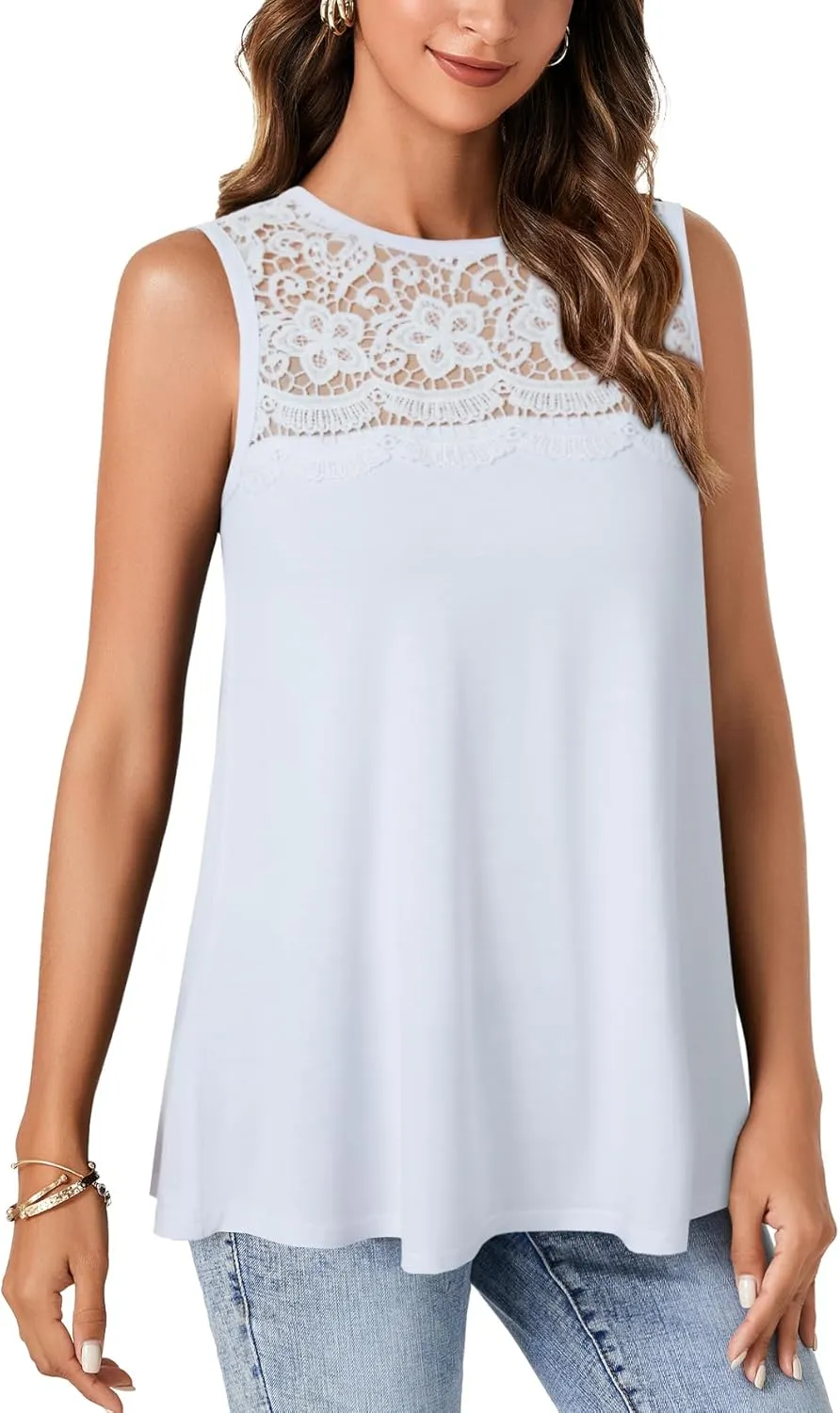 LYANER Women's Summer Tops Lace Crew Neck Sleeveless Tunic Shirts Casual Loose Flowy Blouses Tank Top